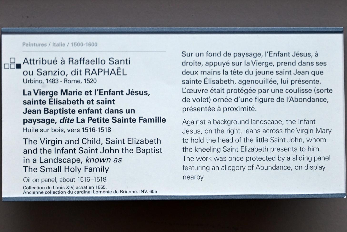 Raffael (Raffaello Sanzio da Urbino, Raffaello Santi) (1501–1519), Die Jungfrau Maria und das Jesuskind, die heilige Elisabeth und der Johannesknabe in einer Landschaft (Die kleine Heilige Familie), Paris, Musée du Louvre, Saal 710e, um 1516–1518, Bild 2/2