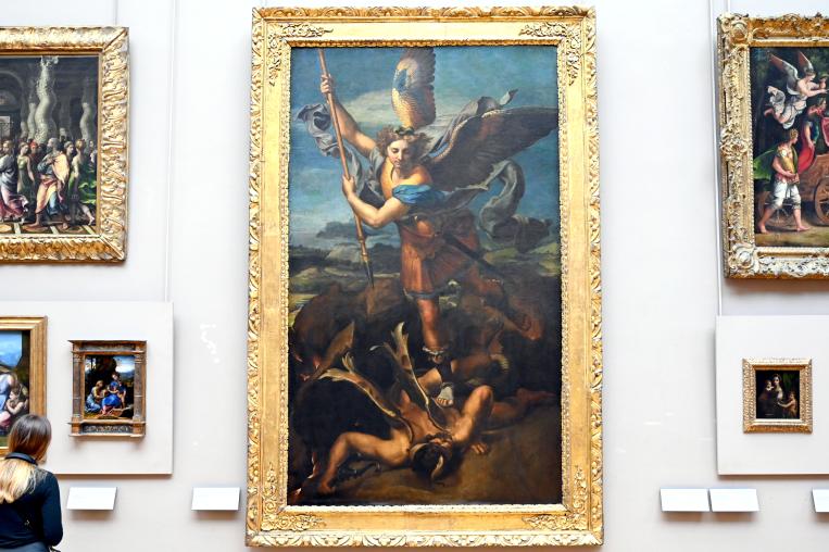 Raffael (Raffaello Sanzio da Urbino, Raffaello Santi) (1501–1519), Der heilige Michael besiegt den Satan (Der große heilige Michael), Paris, Musée du Louvre, Saal 710e, 1518, Bild 1/2