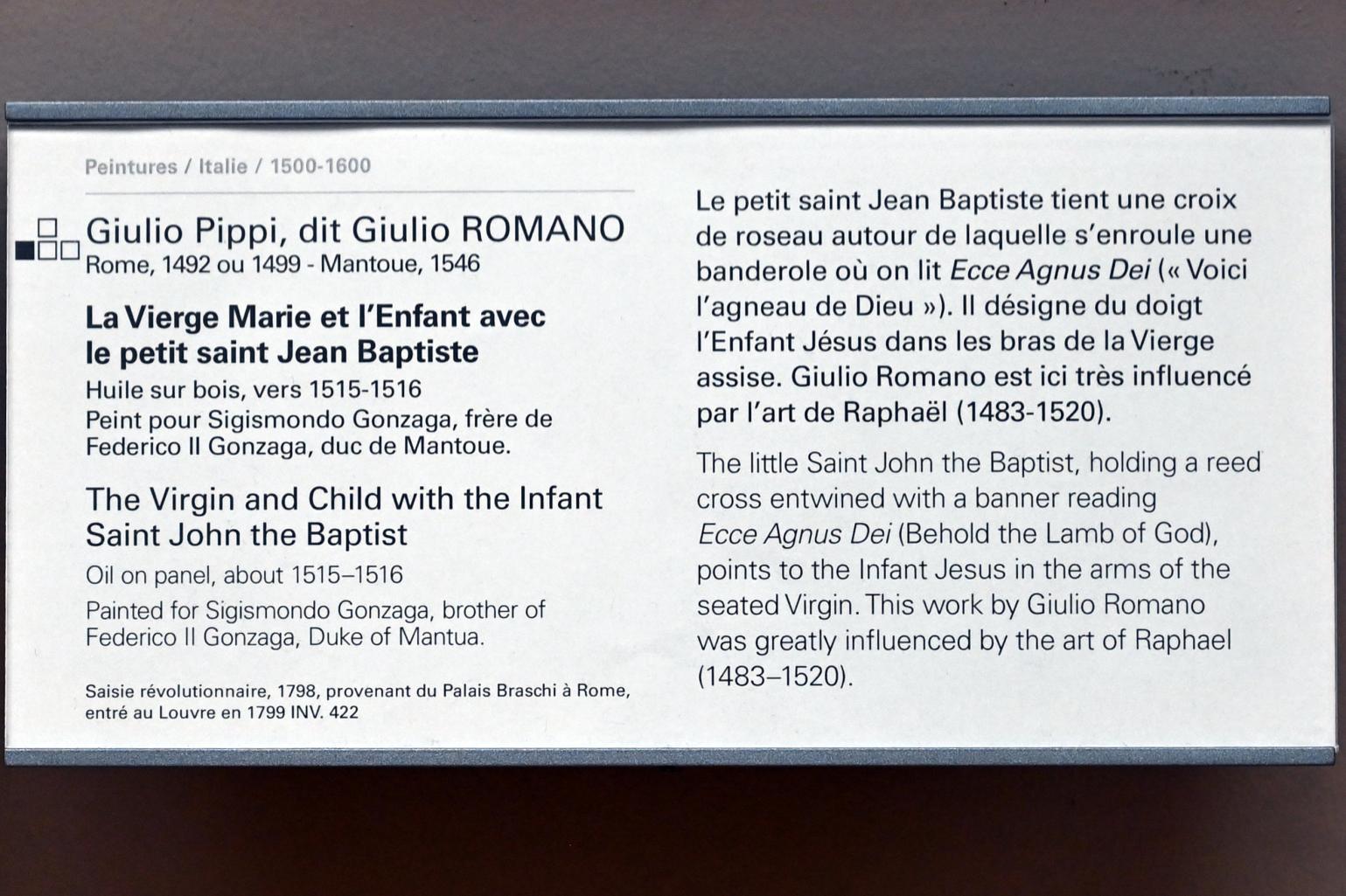 Giulio Romano (Giulio Pippi) (1515–1537), Maria mit Kind und dem Johannesknaben, Paris, Musée du Louvre, Saal 710e, um 1515–1516, Bild 2/2