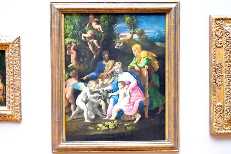 Ippolito Andreasi (Andreasino) (1590), Die Ruhe auf der Flucht nach Ägypten (Die Heilige Familie, bedient von Engeln, die die Trauben der Passion tragen), Paris, Musée du Louvre, Saal 710e, um 1580–1600