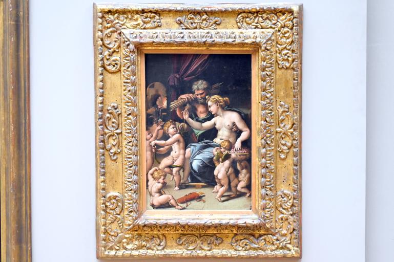 Giulio Romano (Werkstatt) (1525), Die römischen Götter Venus, Vulkan und Amor mit fünf Putten, Paris, Musée du Louvre, Saal 710e, um 1520–1530