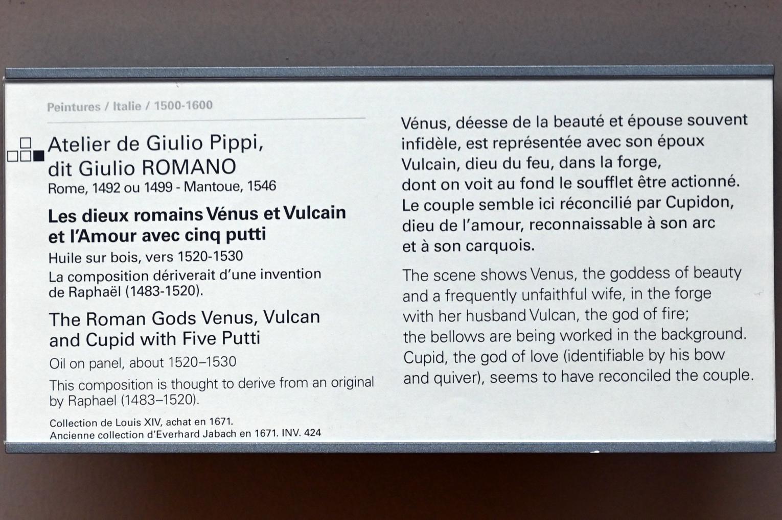 Giulio Romano (Werkstatt) (1525), Die römischen Götter Venus, Vulkan und Amor mit fünf Putten, Paris, Musée du Louvre, Saal 710e, um 1520–1530, Bild 2/2