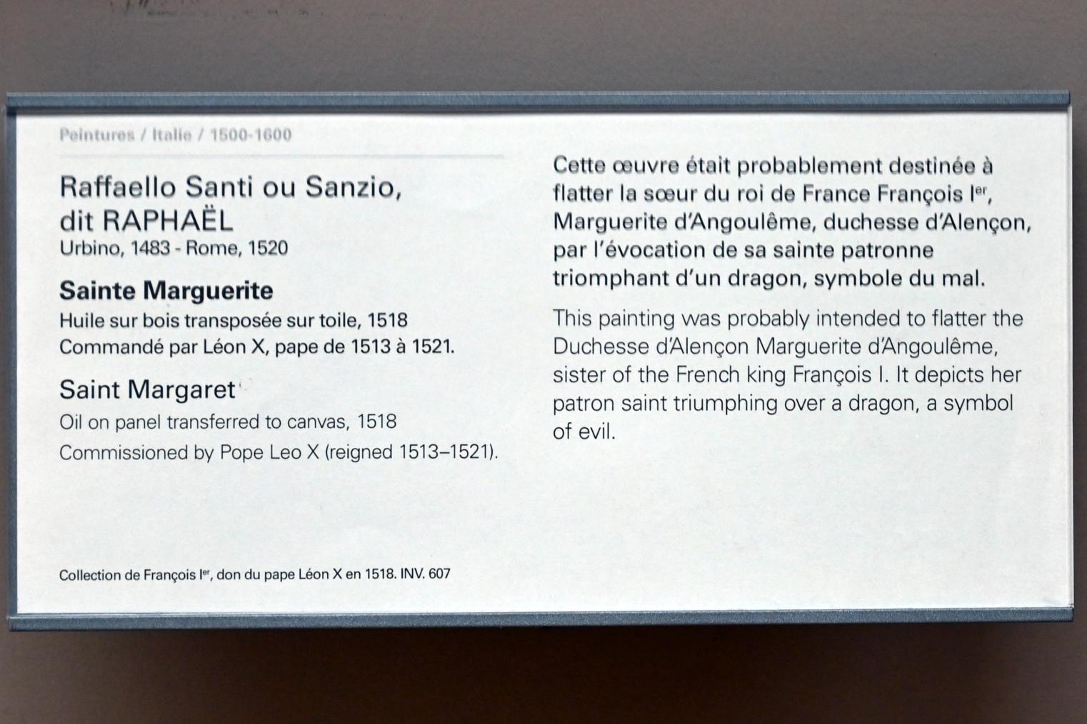Raffael (Raffaello Sanzio da Urbino, Raffaello Santi) (1501–1519), Heilige Margaretha, Paris, Musée du Louvre, Saal 710e, 1518, Bild 2/2