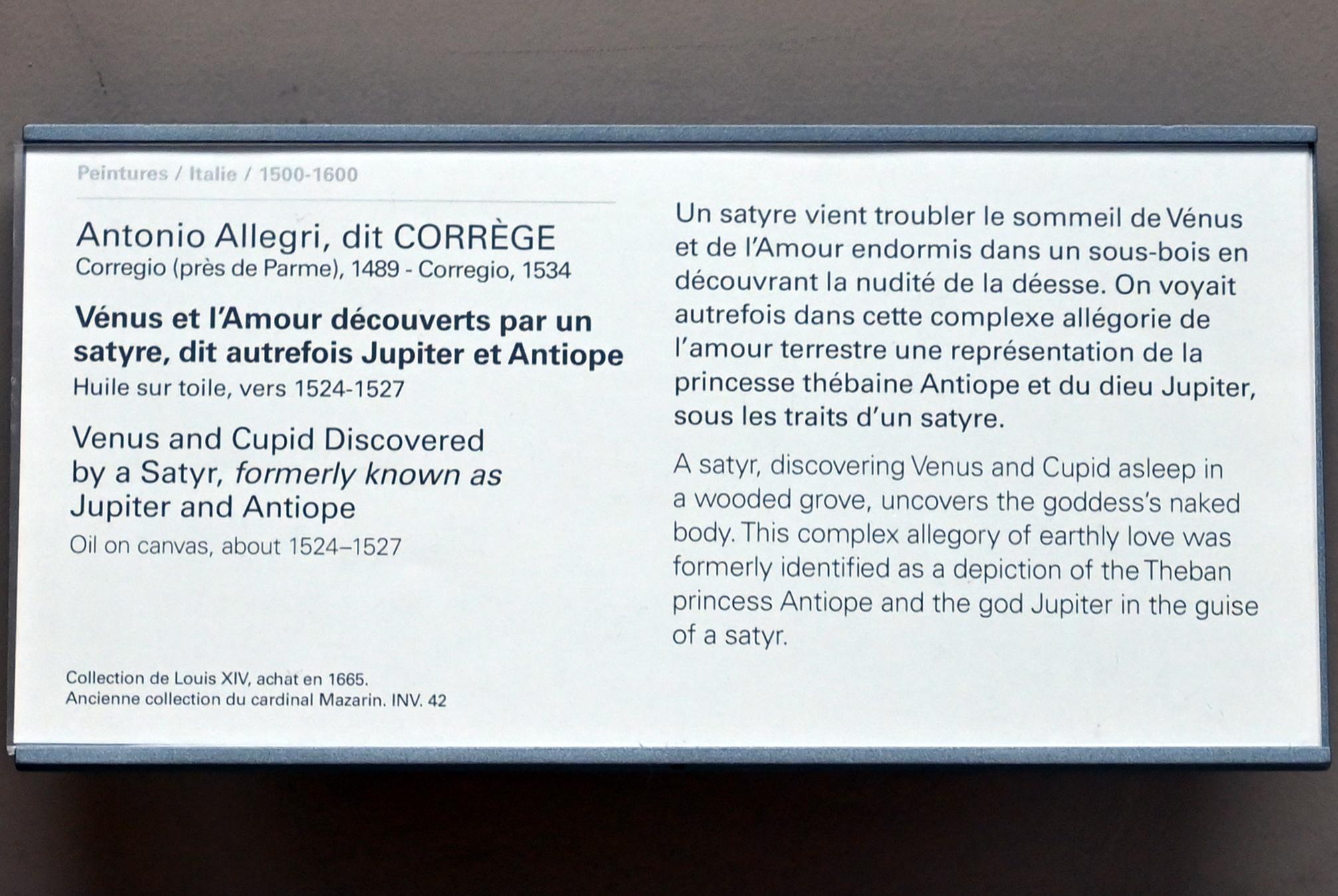 Antonio Allegri (Correggio) (1511–1532), Venus und Amor entdeckt von einem Satyr (früher Jupiter und Antiope), Paris, Musée du Louvre, Saal 712a, um 1524–1527, Bild 2/2