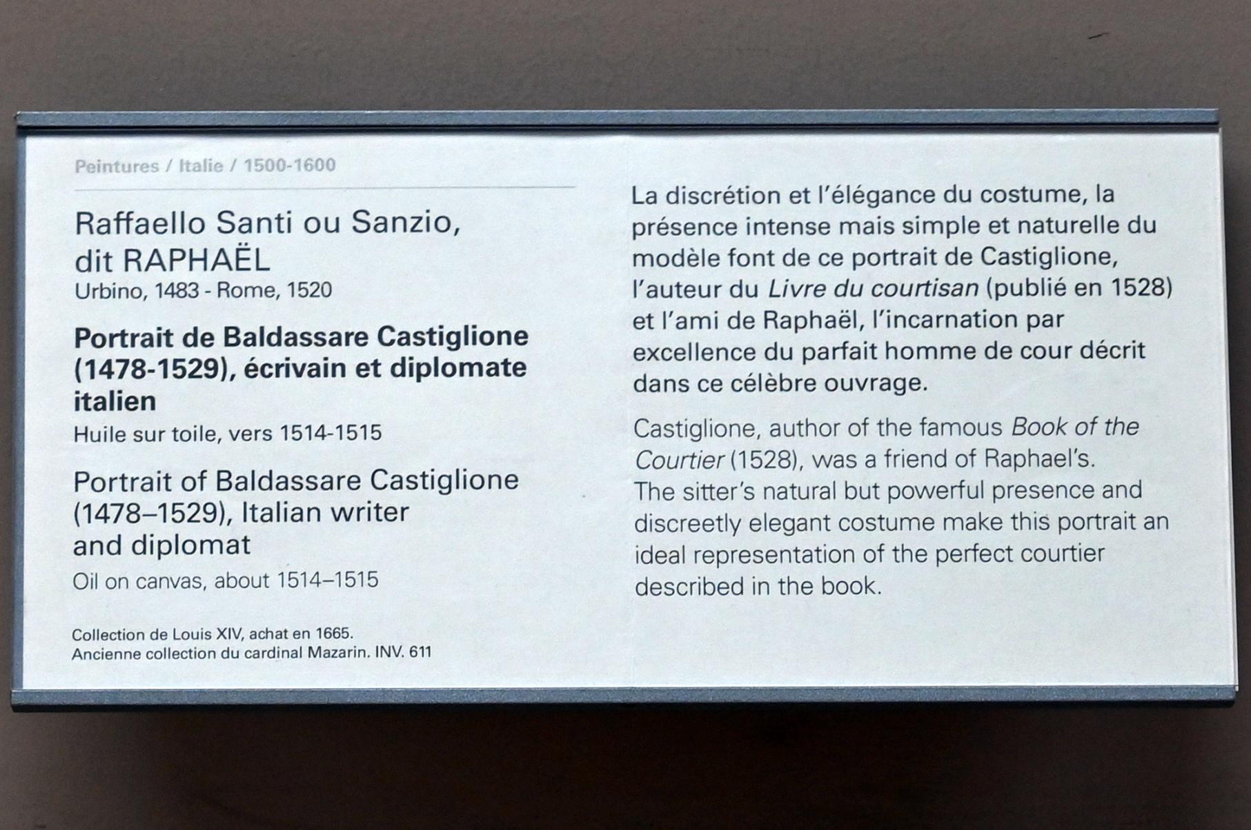 Raffael (Raffaello Sanzio da Urbino, Raffaello Santi) (1501–1519), Porträt des Baldassare Castiglione (1478-1529), italienischer Schriftsteller und Diplomat, Paris, Musée du Louvre, Saal 712a, um 1514–1515, Bild 2/2