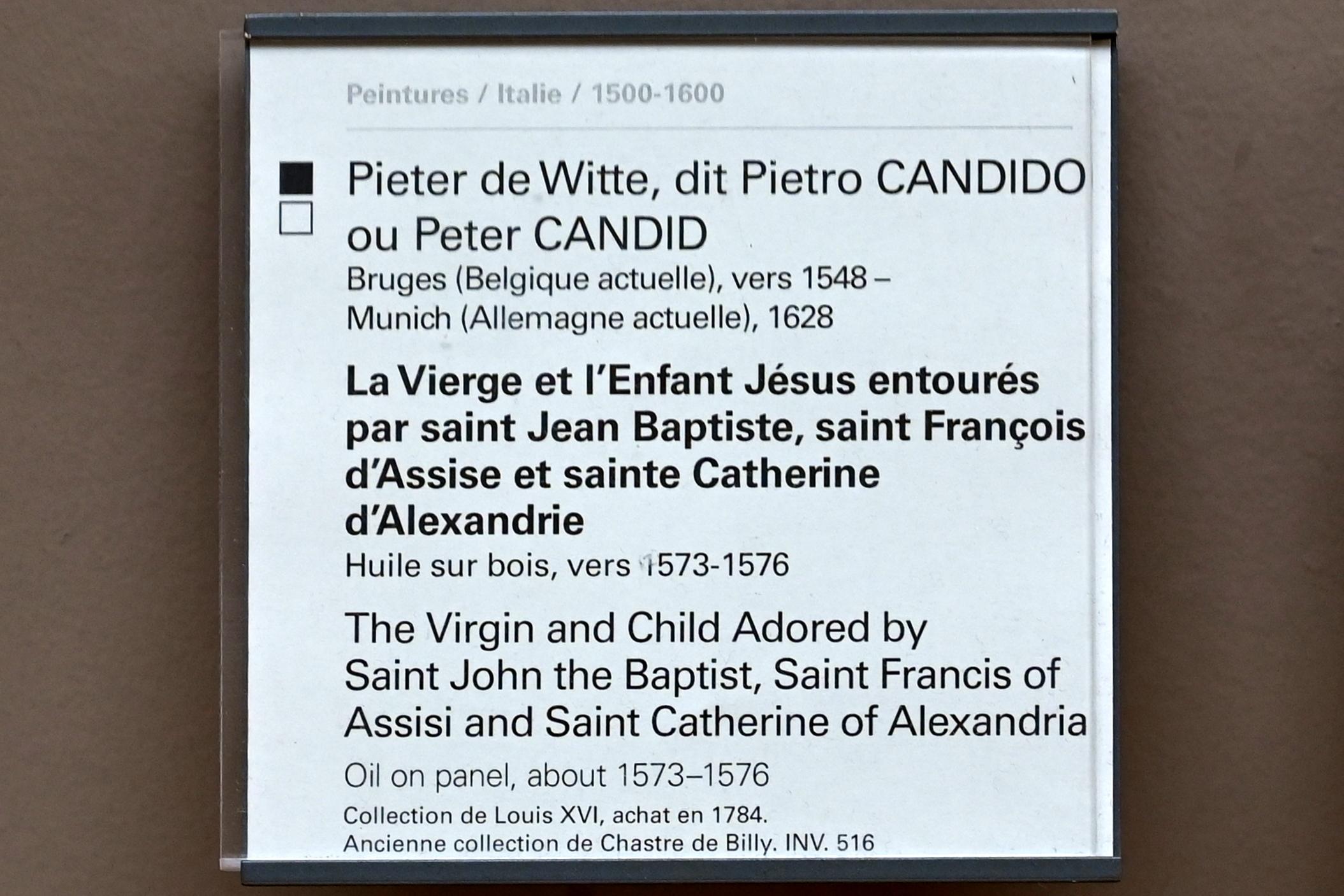 Peter Candid (Pieter de Witte) (1574–1588), Die Jungfrau und das Jesuskind, umgeben von den Heiligen Johannes dem Täufer, dem Heiligen Franziskus von Assisi und der Heiligen Katharina, Paris, Musée du Louvre, Saal 712b, 1573–1576, Bild 2/2