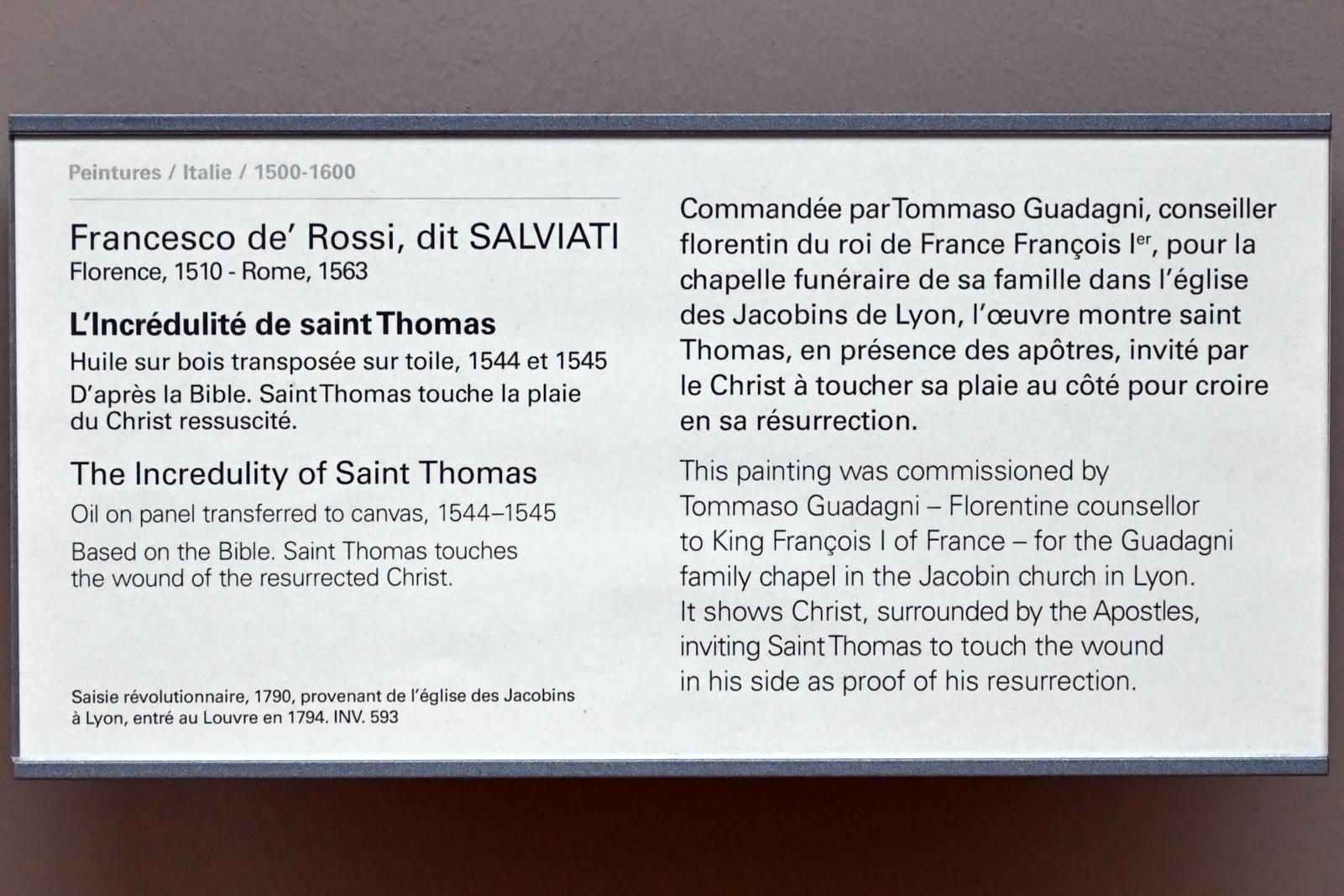 Francesco Salviati (1539–1548), Der ungläubige Thomas, Lyon, Église Notre-Dame-de-Confort, jetzt Paris, Musée du Louvre, Saal 712c, 1544–1545, Bild 2/2