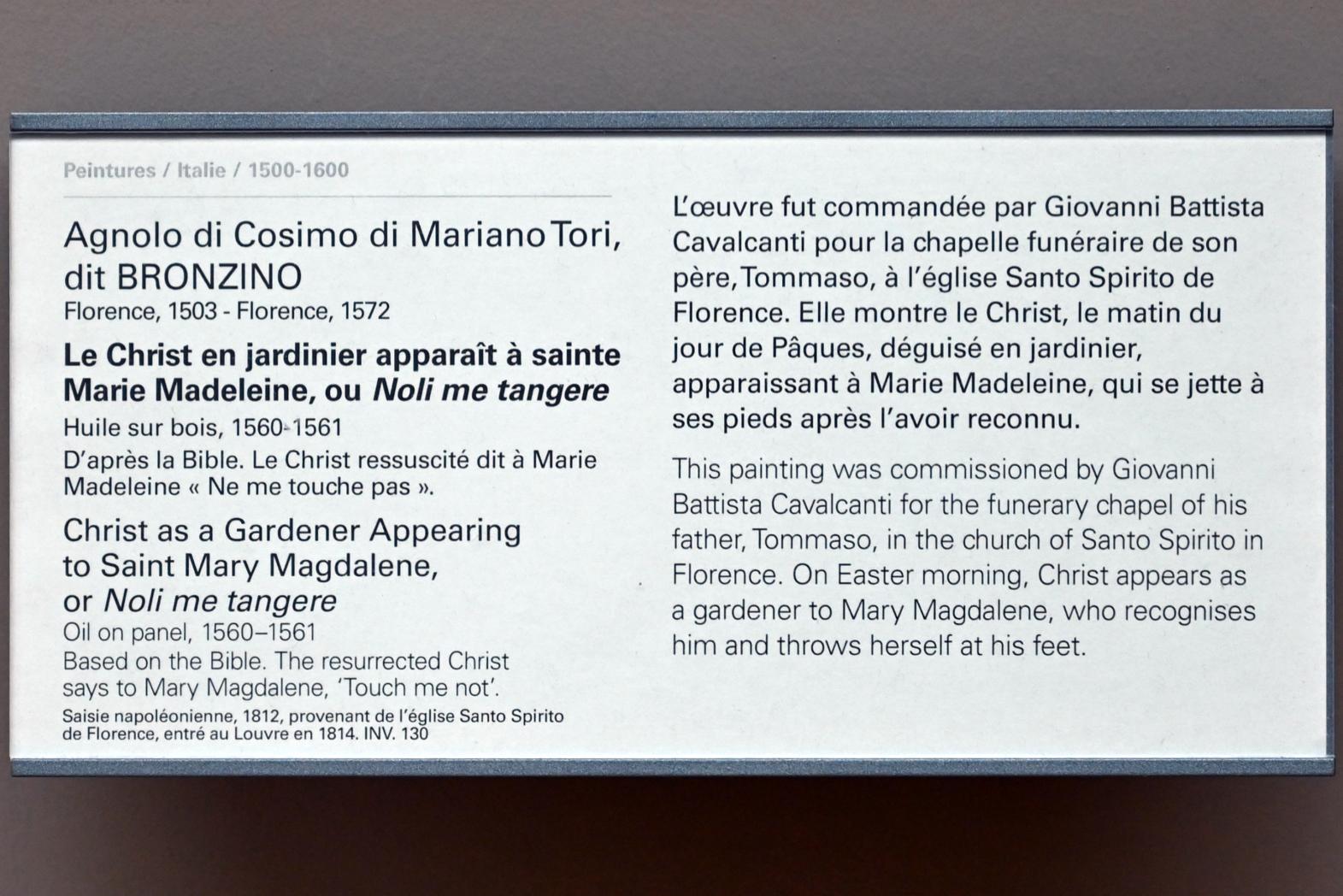 Agnolo di Cosimo di Mariano (Bronzino) (1526–1562), Christus als Gärtner erscheint der Heiligen Maria Magdalena (Noli me tangere), Florenz, Basilica di Santo Spirito, jetzt Paris, Musée du Louvre, Saal 712c, 1560–1561, Bild 2/2