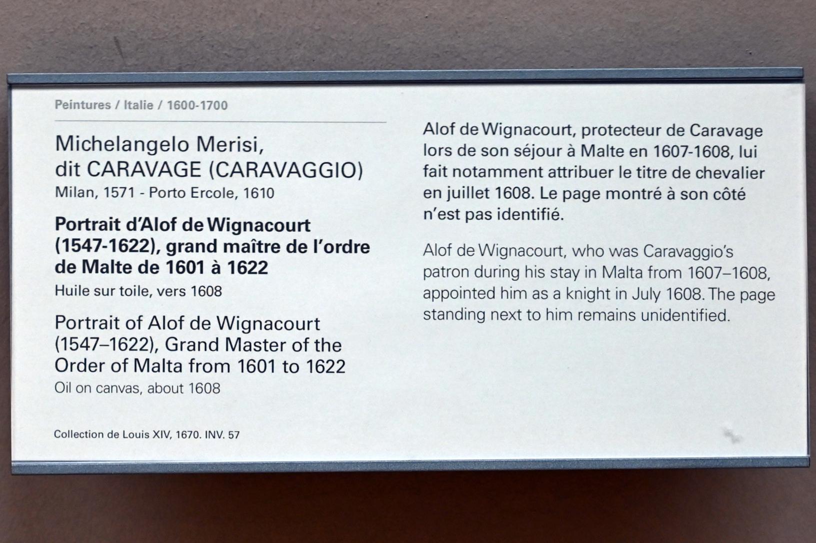 Michelangelo Merisi da Caravaggio (1594–1610), Porträt des Alof de Wignacourt (1547-1622), Großmeister des Malteserordens 1601-1622, Paris, Musée du Louvre, Saal 712d, um 1608, Bild 2/2