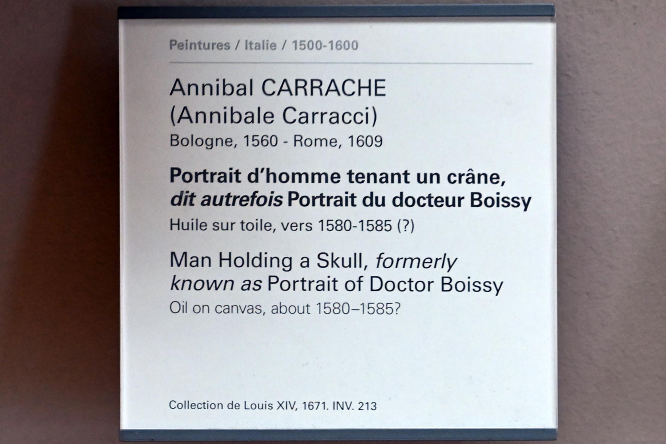 Annibale Carracci (1582–1609), Porträt eines Mannes mit einem Totenkopf (früher Porträt von Doktor Boissy), Paris, Musée du Louvre, Saal 716a, um 1580–1585, Bild 2/2