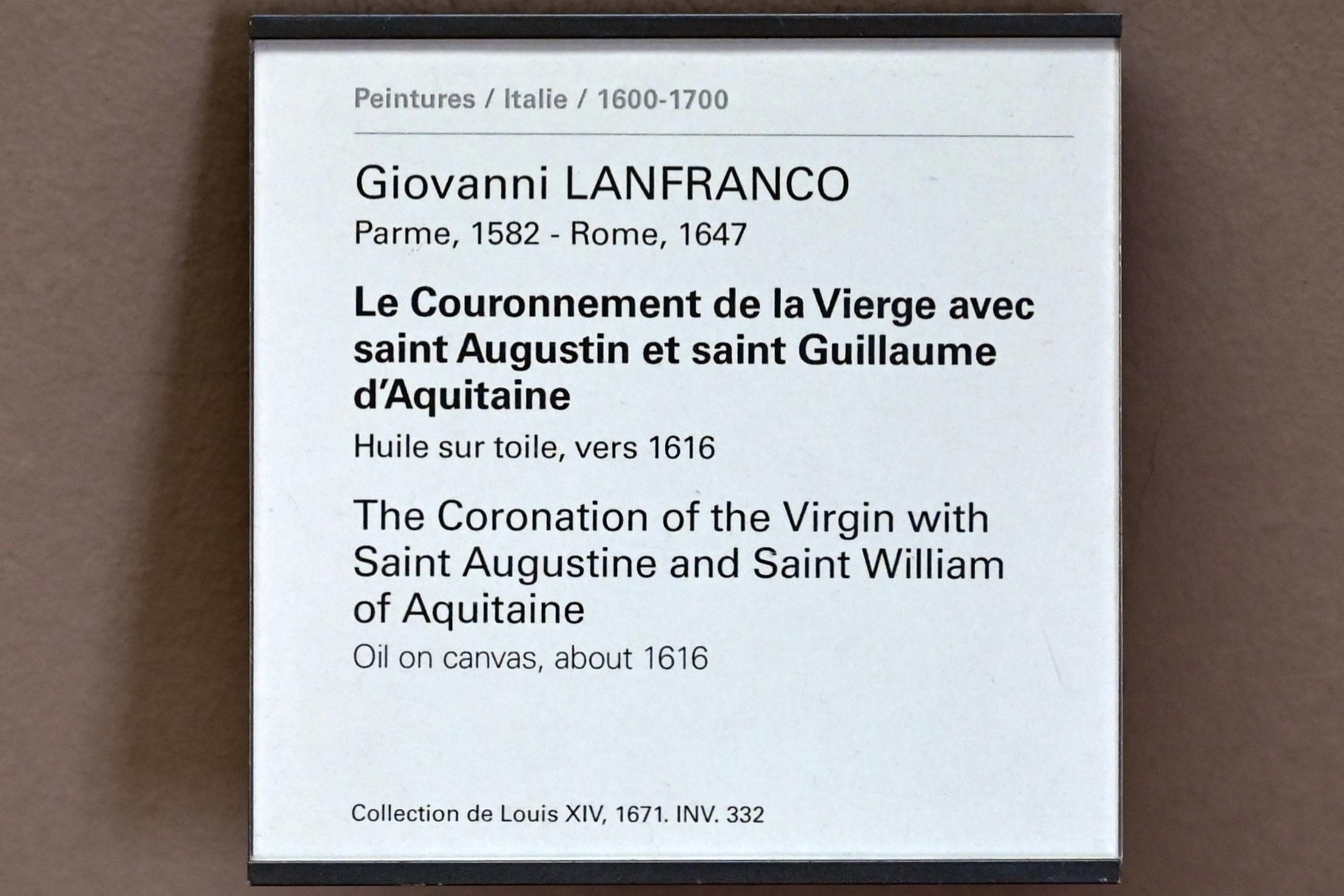 Giovanni Lanfranco (1616–1637), Krönung Mariens mit dem Heiligen Augustinus und dem Heiligen Wilhelm von Aquitanien, Paris, Musée du Louvre, Saal 716a, um 1616, Bild 2/2