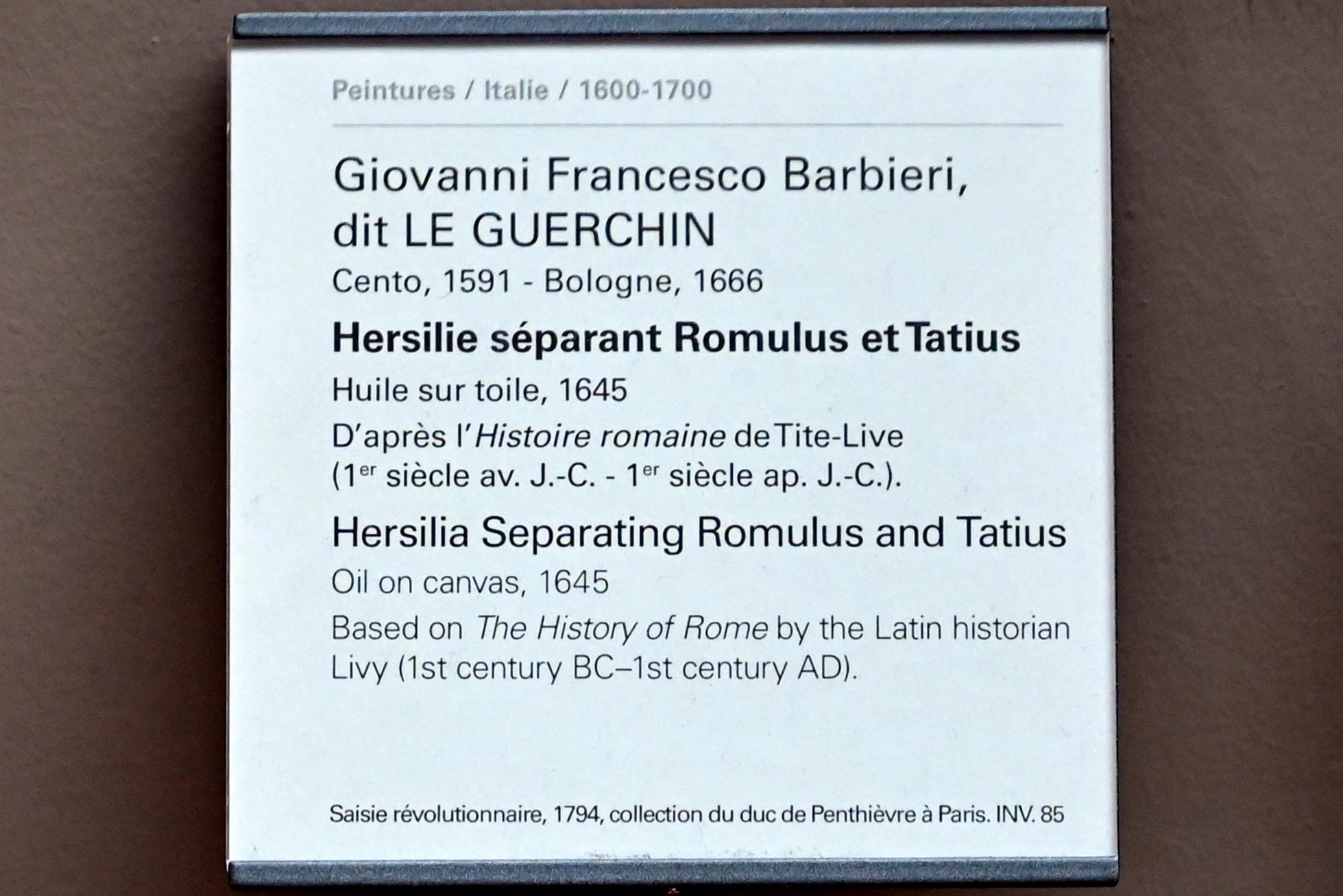 Giovanni Francesco Barbieri (Il Guercino) (1612–1659), Hersilia trennt Romulus und Tatius, Paris, Musée du Louvre, Saal 716b, 1645, Bild 2/2