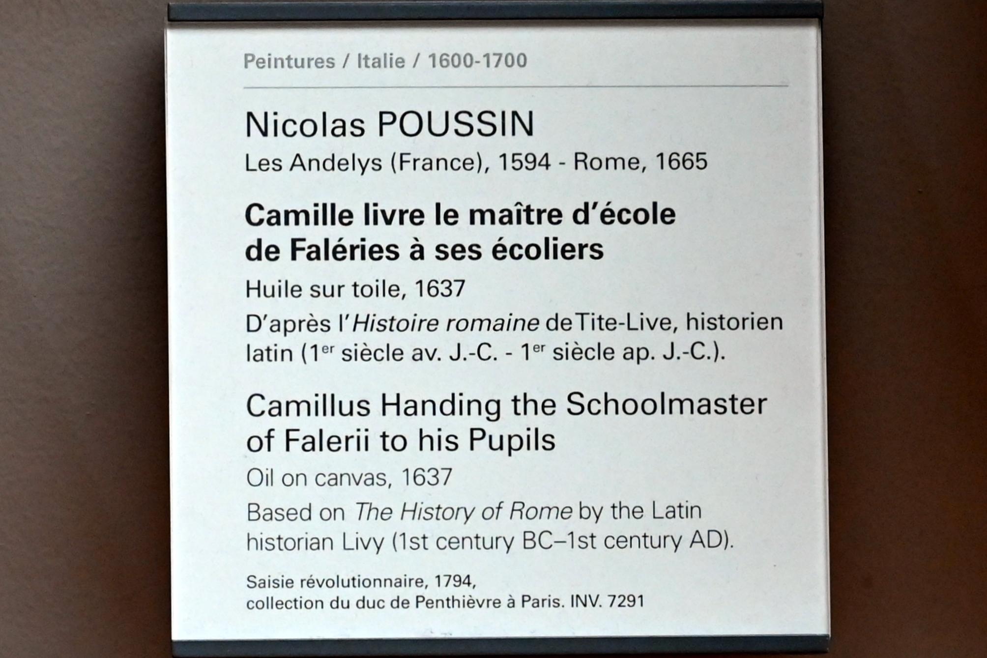 Nicolas Poussin (1624–1663), Camillus überreicht seinen Schülern den Schulmeister von Falerii, Paris, Musée du Louvre, Saal 716b, 1637, Bild 2/2