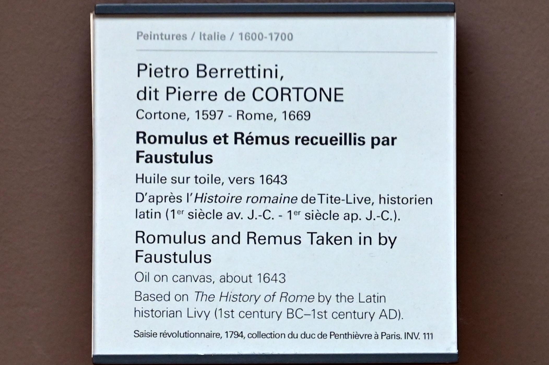 Pietro da Cortona (1622–1645), Romulus und Remus werden von Faustulus aufgenommen, Paris, Musée du Louvre, Saal 716b, um 1643, Bild 2/2
