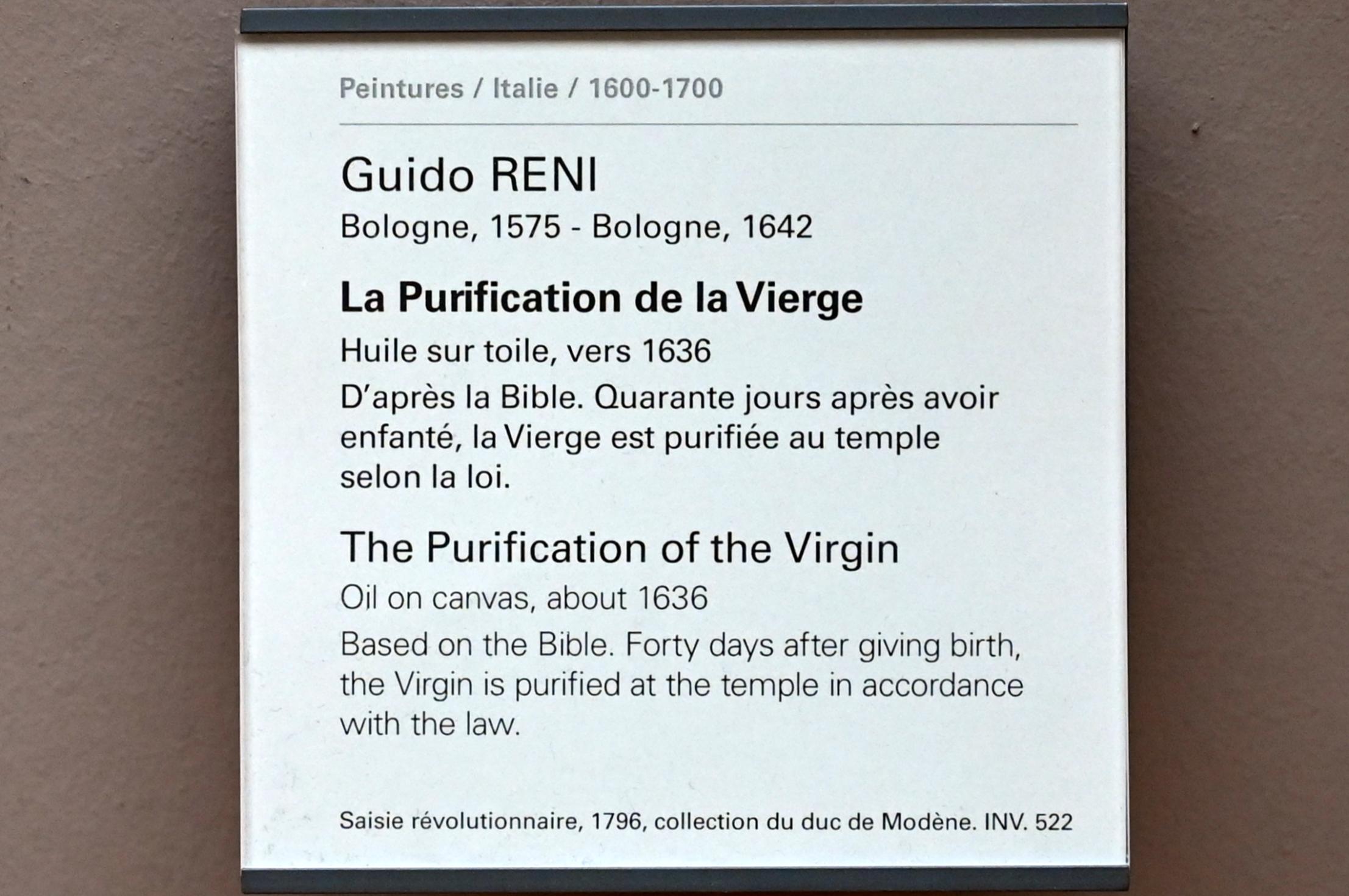 Guido Reni (1596–1641), Mariä Reinigung, Paris, Musée du Louvre, Saal 716d, um 1636, Bild 2/2