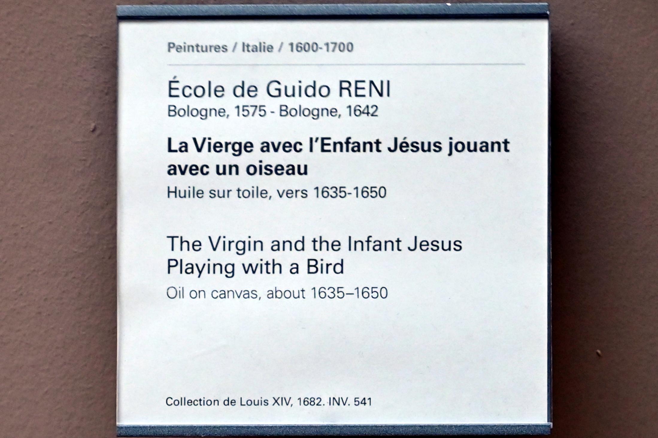 Guido Reni (Schule) (1642), Die Jungfrau und das Jesuskind beim Spiel mit einem Vogel, Paris, Musée du Louvre, Saal 716d, um 1635–1650, Bild 2/2