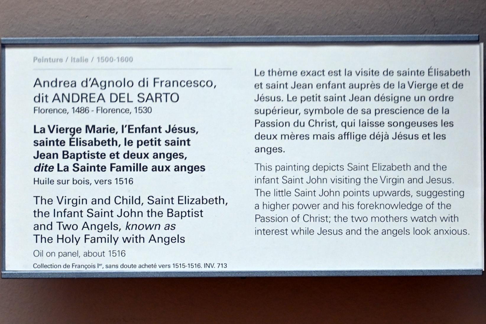 Andrea del Sarto (1512–1529), Die Jungfrau Maria, das Jesuskind, die heilige Elisabeth, der kleine heilige Johannes der Täufer und zwei Engel (Die Heilige Familie mit Engeln), Paris, Musée du Louvre, Saal 710j, um 1516, Bild 2/2