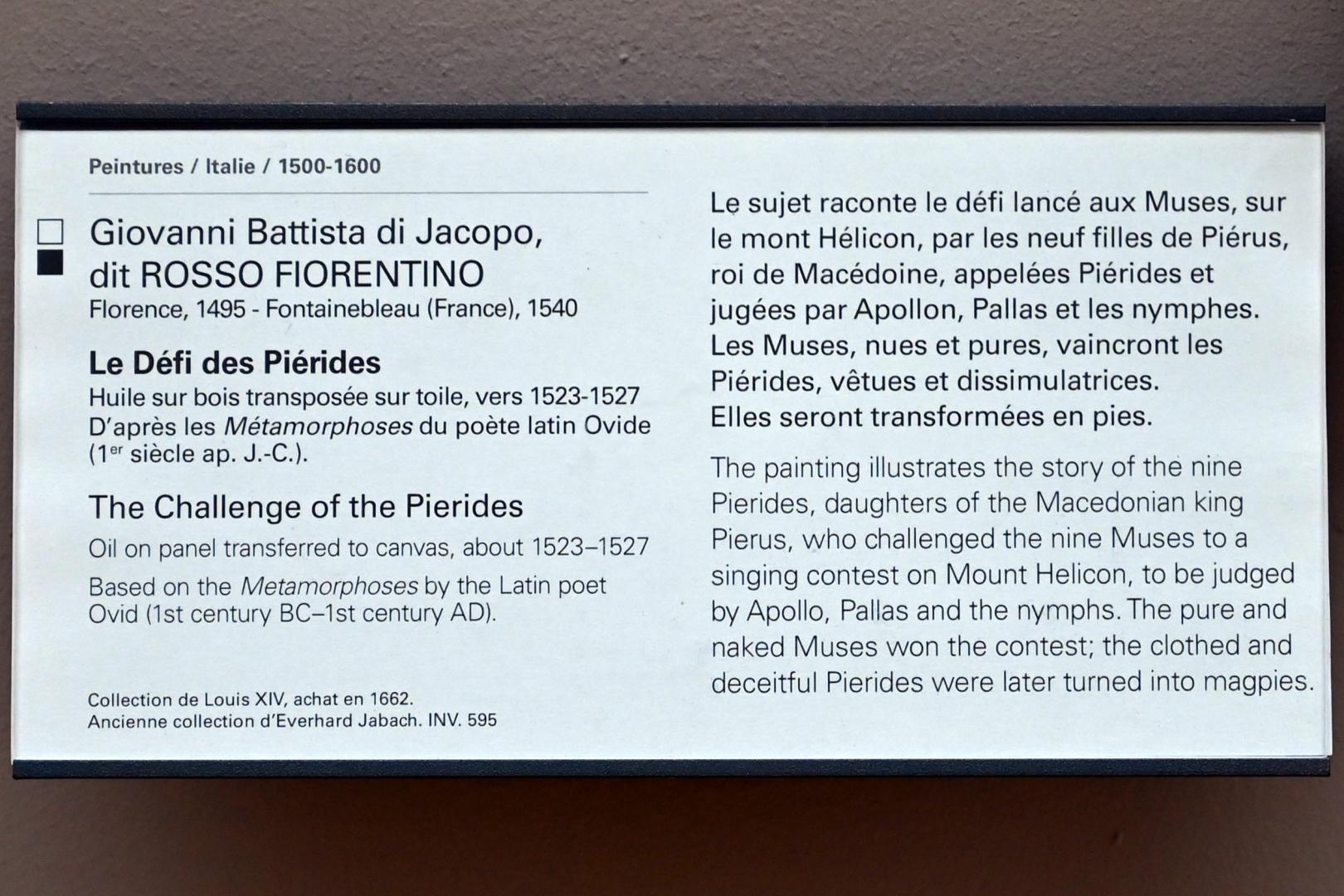 Giovan Battista di Jacopo (Rosso Fiorentino) (1515–1535), Die Herausforderung der Pieriden, Paris, Musée du Louvre, Saal 710j, um 1523–1527, Bild 2/2