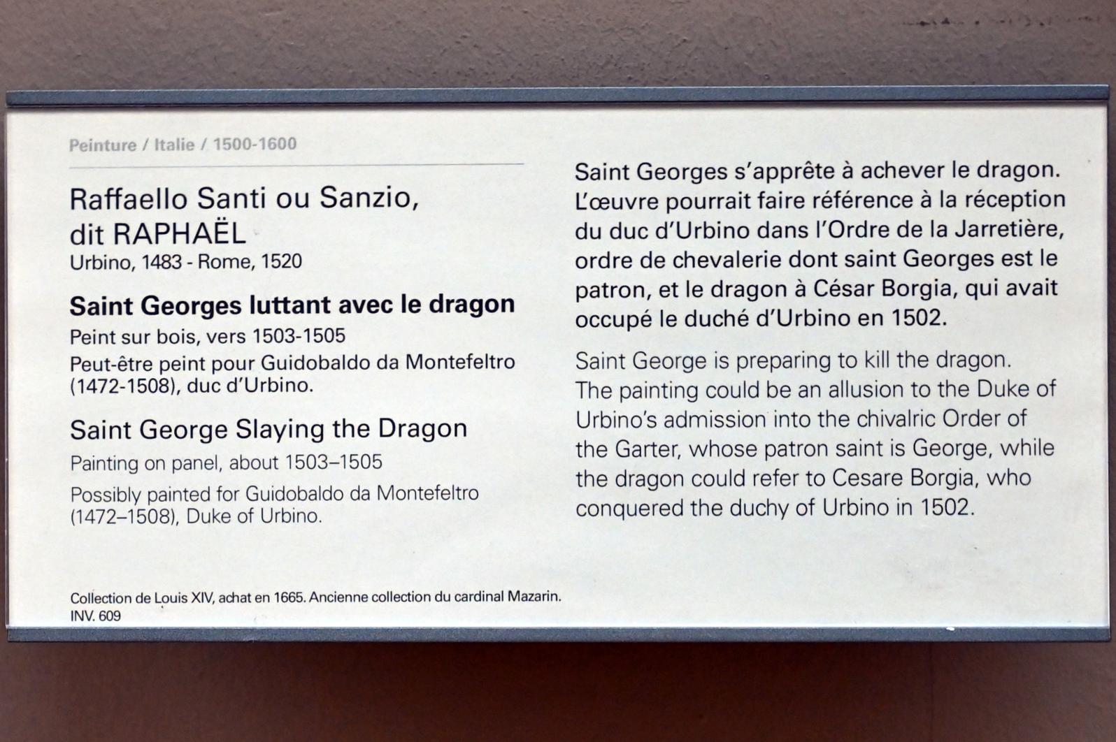 Raffael (Raffaello Sanzio da Urbino, Raffaello Santi) (1501–1519), Der heilige Georg im Kampf mit dem Drachen, Paris, Musée du Louvre, Saal 710f, um 1503–1505, Bild 2/2