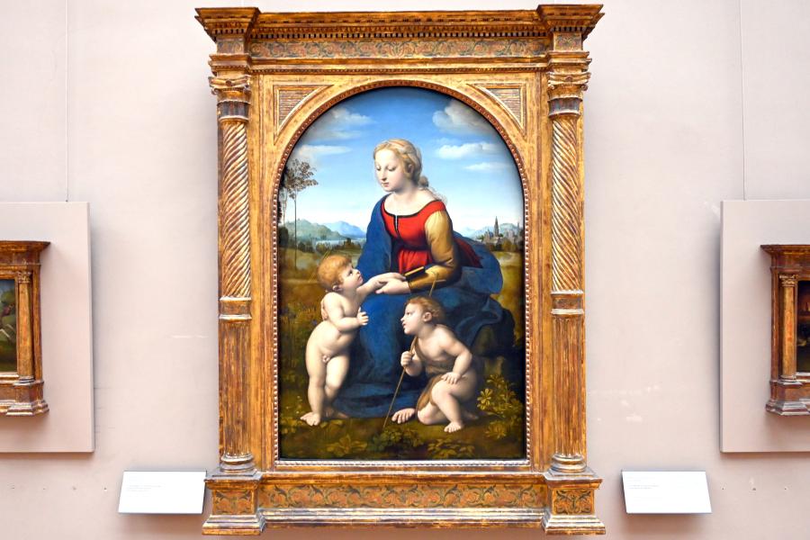 Raffael (Raffaello Sanzio da Urbino, Raffaello Santi) (1501–1519), Maria mit Kind und dem Johannesknaben (Die schöne Gärtnerin), Paris, Musée du Louvre, Saal 710f, um 1507–1508