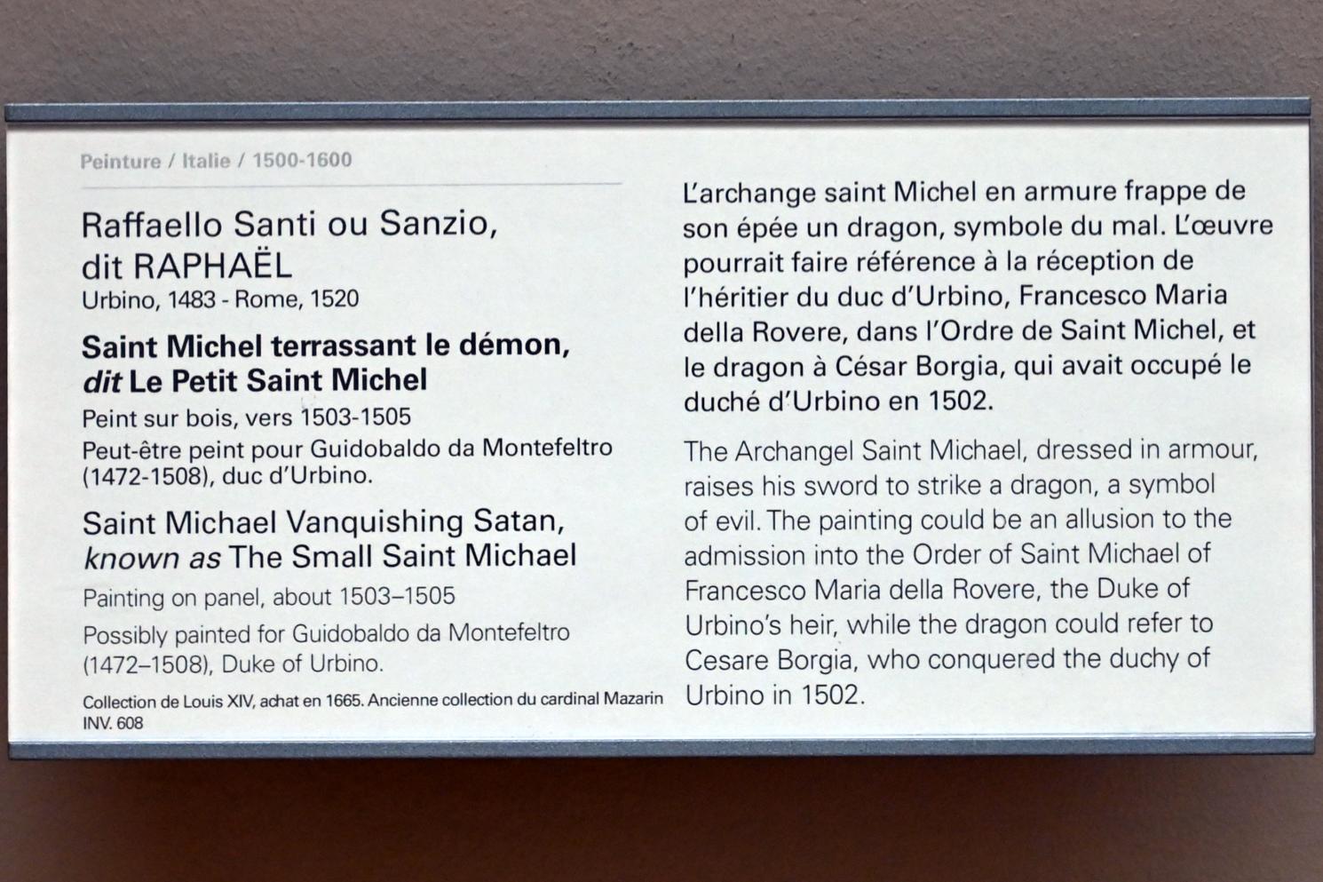 Raffael (Raffaello Sanzio da Urbino, Raffaello Santi) (1501–1519), Der heilige Michael besiegt den Satan (Der kleine heilige Michael), Paris, Musée du Louvre, Saal 710f, um 1503–1505, Bild 2/2