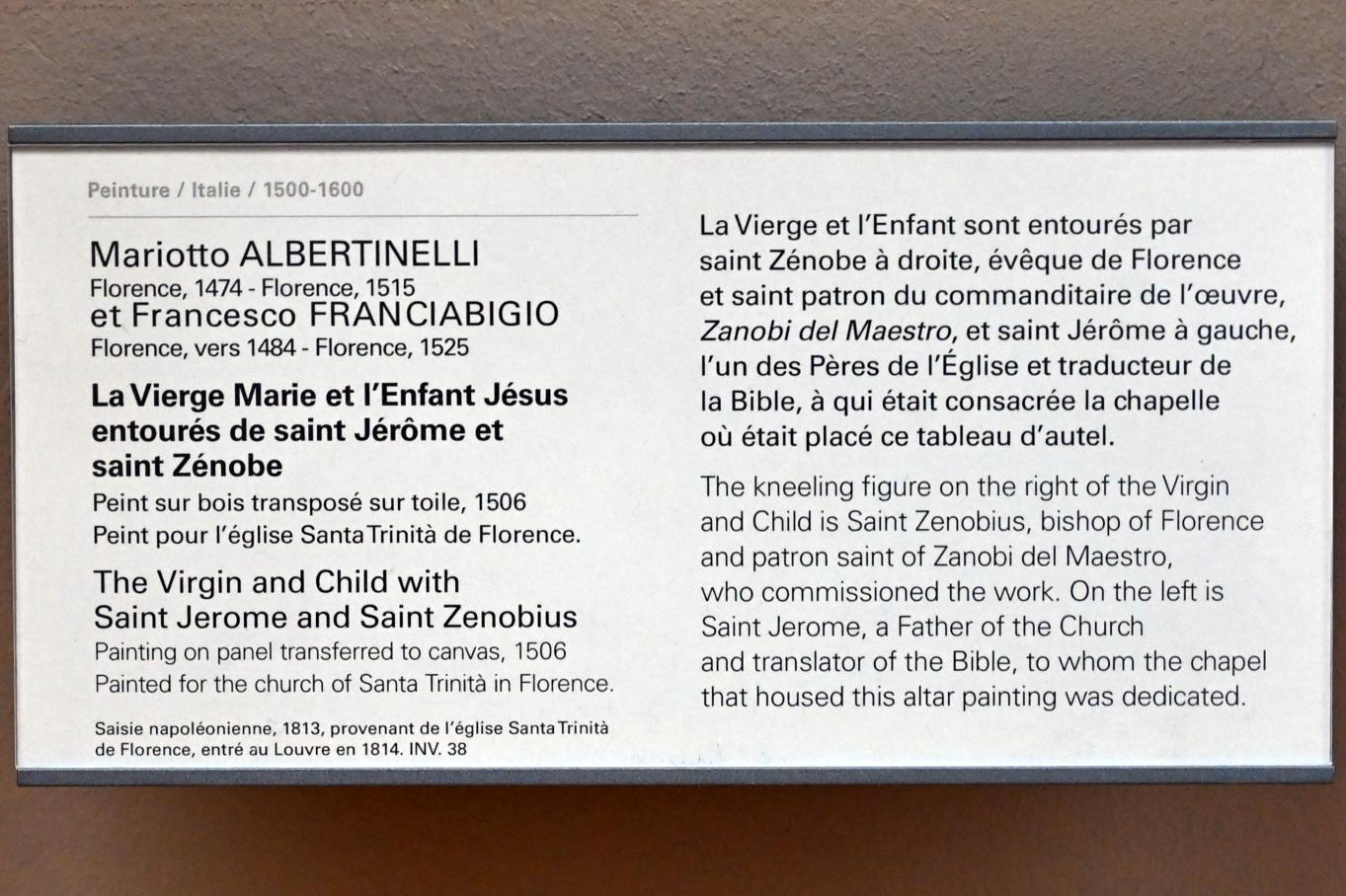 Mariotto Albertinelli (1506–1511), Maria mit Kind zwischen den Heiligen Hieronymus und Zenobius, Florenz, Santa Trinita, jetzt Paris, Musée du Louvre, Saal 710f, 1506, Bild 2/2