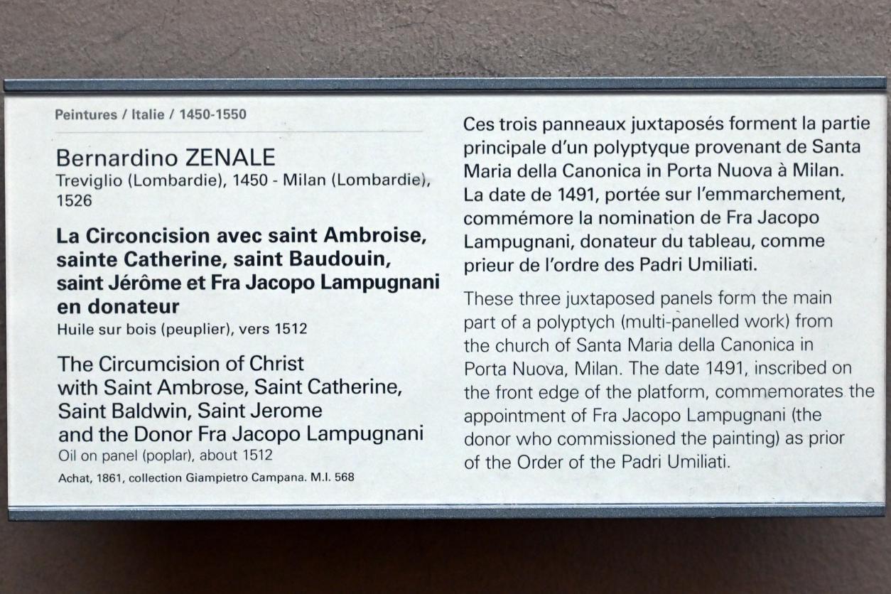 Bernardo Zenale (1494–1512), Beschneidung Christi mit dem Heiligen Ambrosius, der Heiligen Katharina, dem Heiligen Baudouin, dem Heiligen Hieronymus und Fra Jacopo Lampugnani als Spender, Mailand, Santa Maria della Canonica (im 18. Jhdt. abgerissen), jetzt Paris, Musée du Louvre, Saal 710f, um 1512, Bild 2/2
