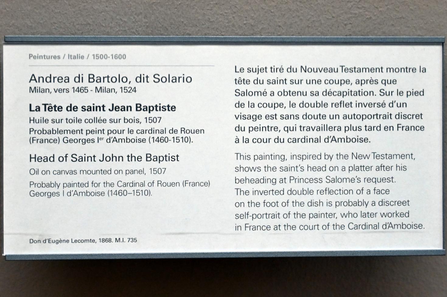 Andrea Solari (1495–1522), Kopf des Heiligen Johannes des Täufers, Paris, Musée du Louvre, Saal 710f, 1507, Bild 2/2