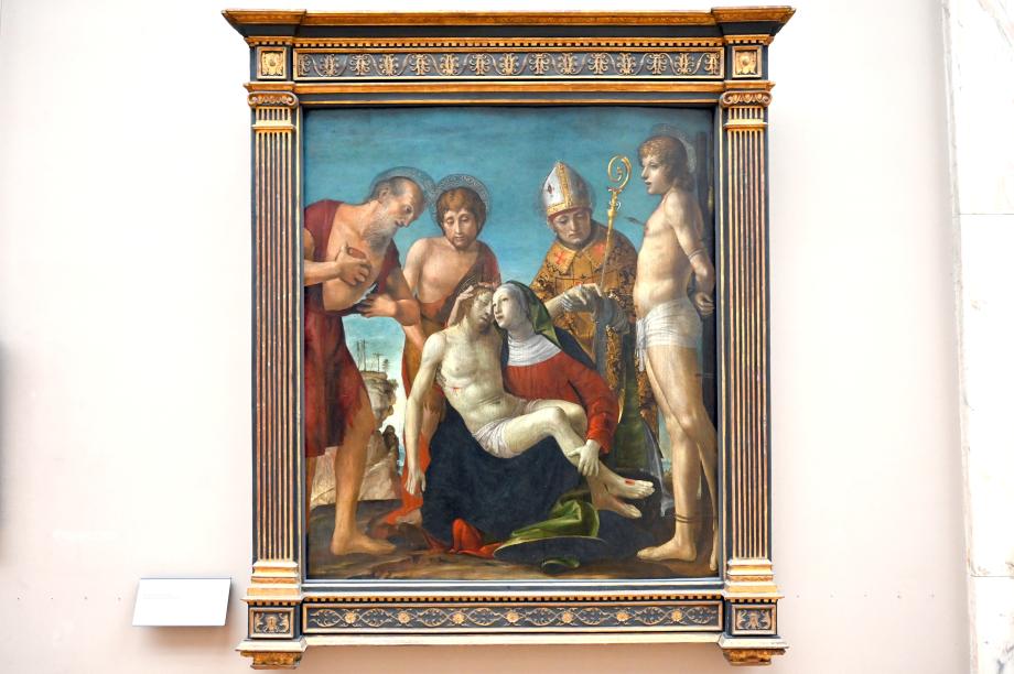 Bernardo Zenale (1494–1512), Pietà mit den Heiligen Hieronymus, Johannes dem Täufer, Gotthard und Sebastian, Mailand, Santa Maria della Passione, jetzt Paris, Musée du Louvre, Saal 710f, um 1494