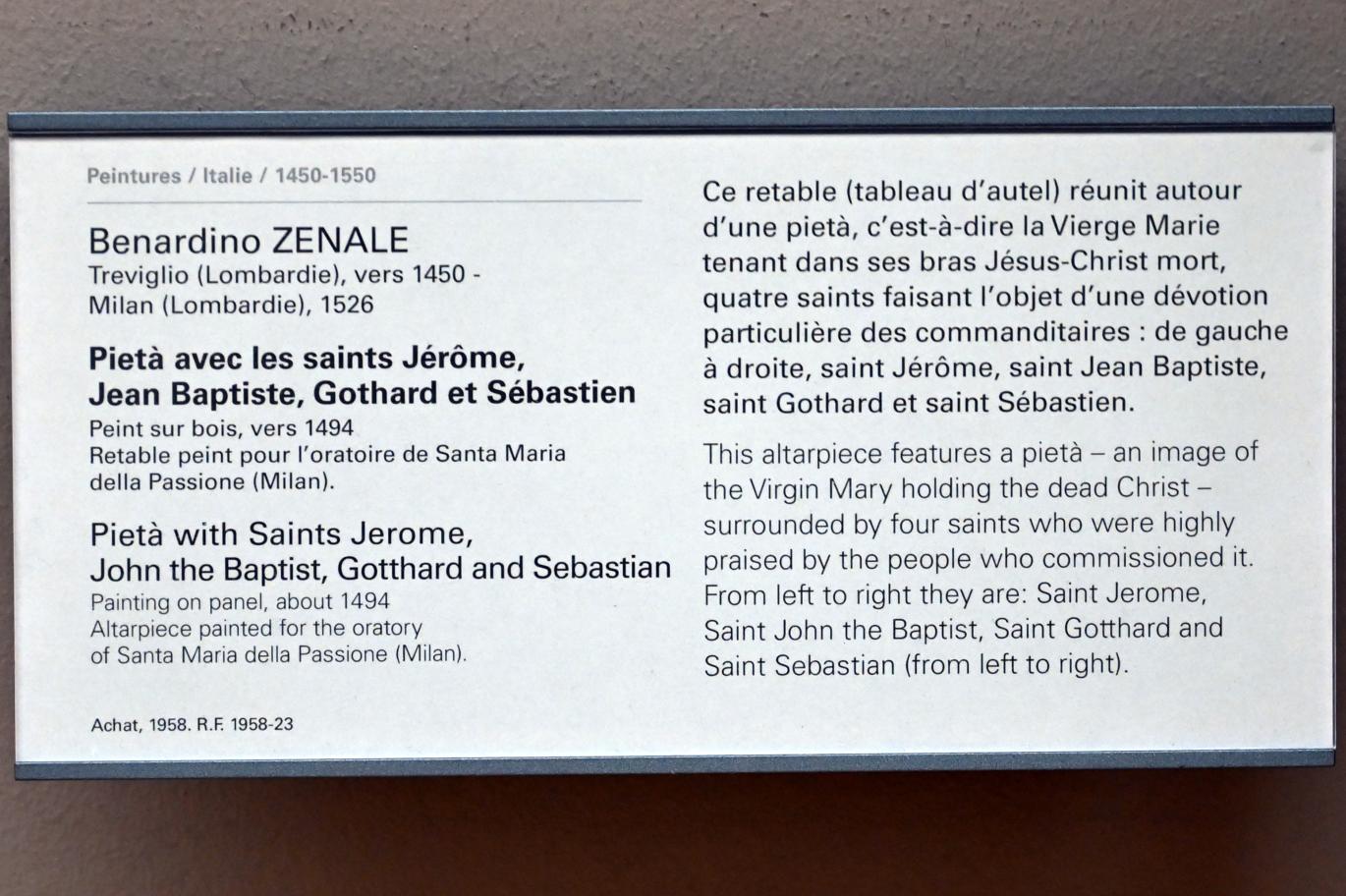 Bernardo Zenale (1494–1512), Pietà mit den Heiligen Hieronymus, Johannes dem Täufer, Gotthard und Sebastian, Mailand, Santa Maria della Passione, jetzt Paris, Musée du Louvre, Saal 710f, um 1494, Bild 2/2