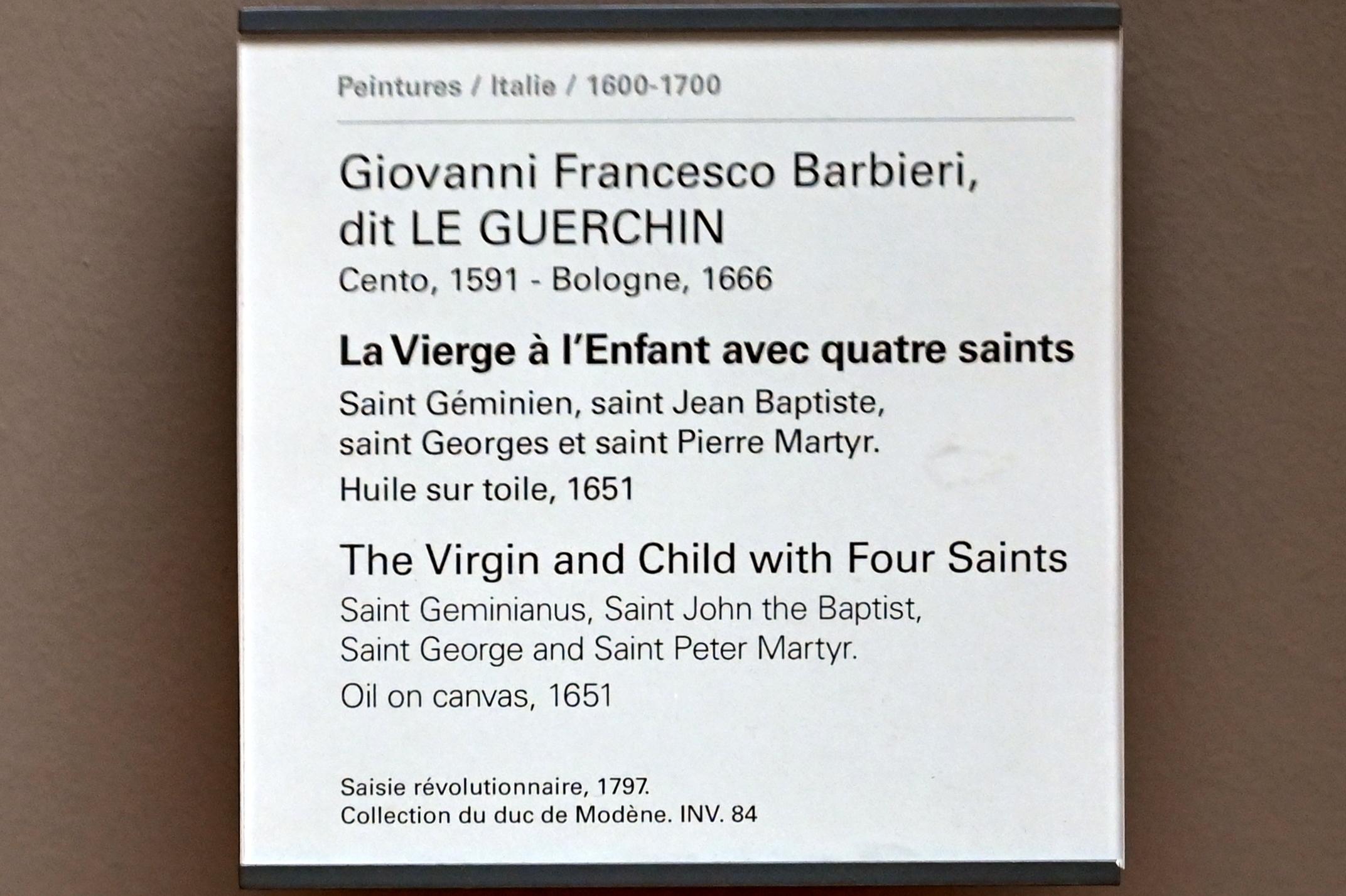 Giovanni Francesco Barbieri (Il Guercino) (1612–1659), Maria mit Kind und vier Heiligen, Paris, Musée du Louvre, Saal 716e, 1651, Bild 2/2
