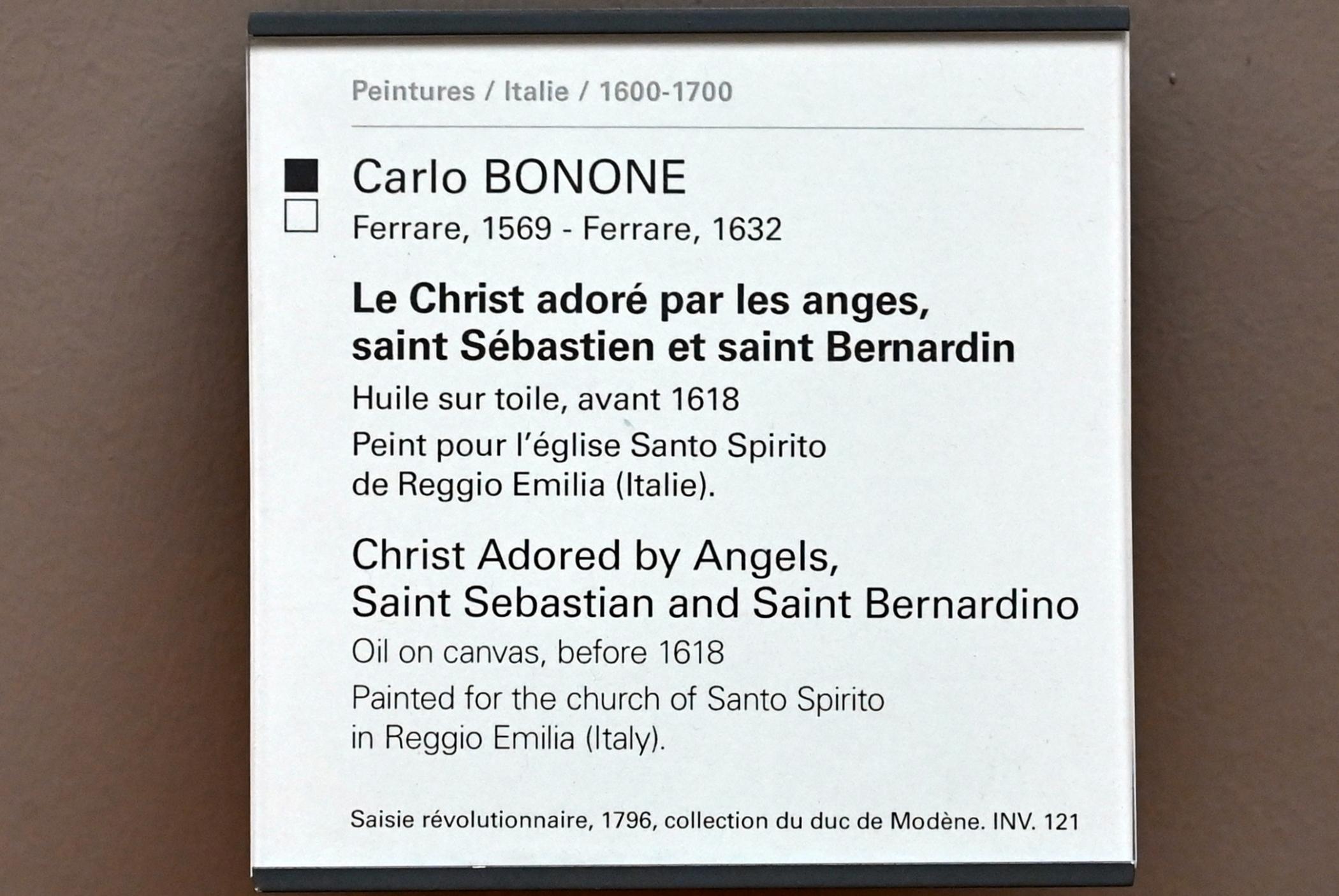Carlo Bononi (1592–1626), Christus wird von den Engeln, dem Heiligen Sebastian und dem Heiligen Bernardin, angebetet, Paris, Musée du Louvre, Saal 716e, vor 1618, Bild 2/2