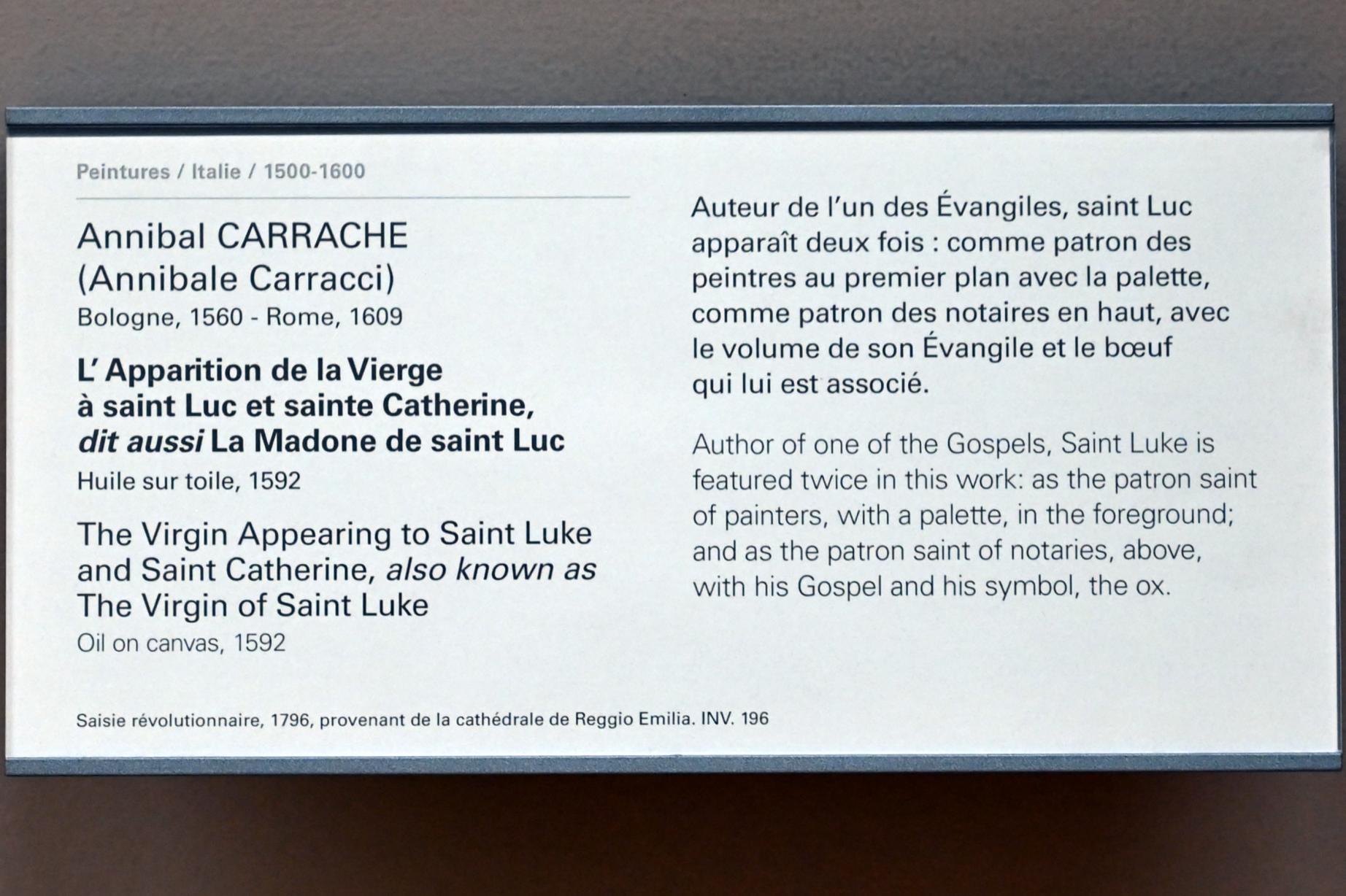 Annibale Carracci (1582–1609), Die Erscheinung der Jungfrau vor dem Heiligen Lukas und der Heiligen Katharina, Reggio Emilia, Cattedrale di Santa Maria Assunta, jetzt Paris, Musée du Louvre, Saal 716e, 1592, Bild 2/2