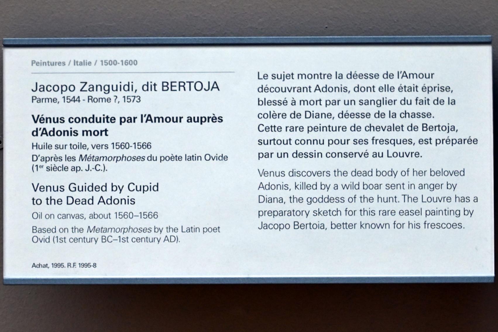 Jacopo Zanguidi (Bertoja) (1563), Venus wird von Amor zum toten Adonis geführt, Paris, Musée du Louvre, Saal 716e, um 1560–1566, Bild 2/2