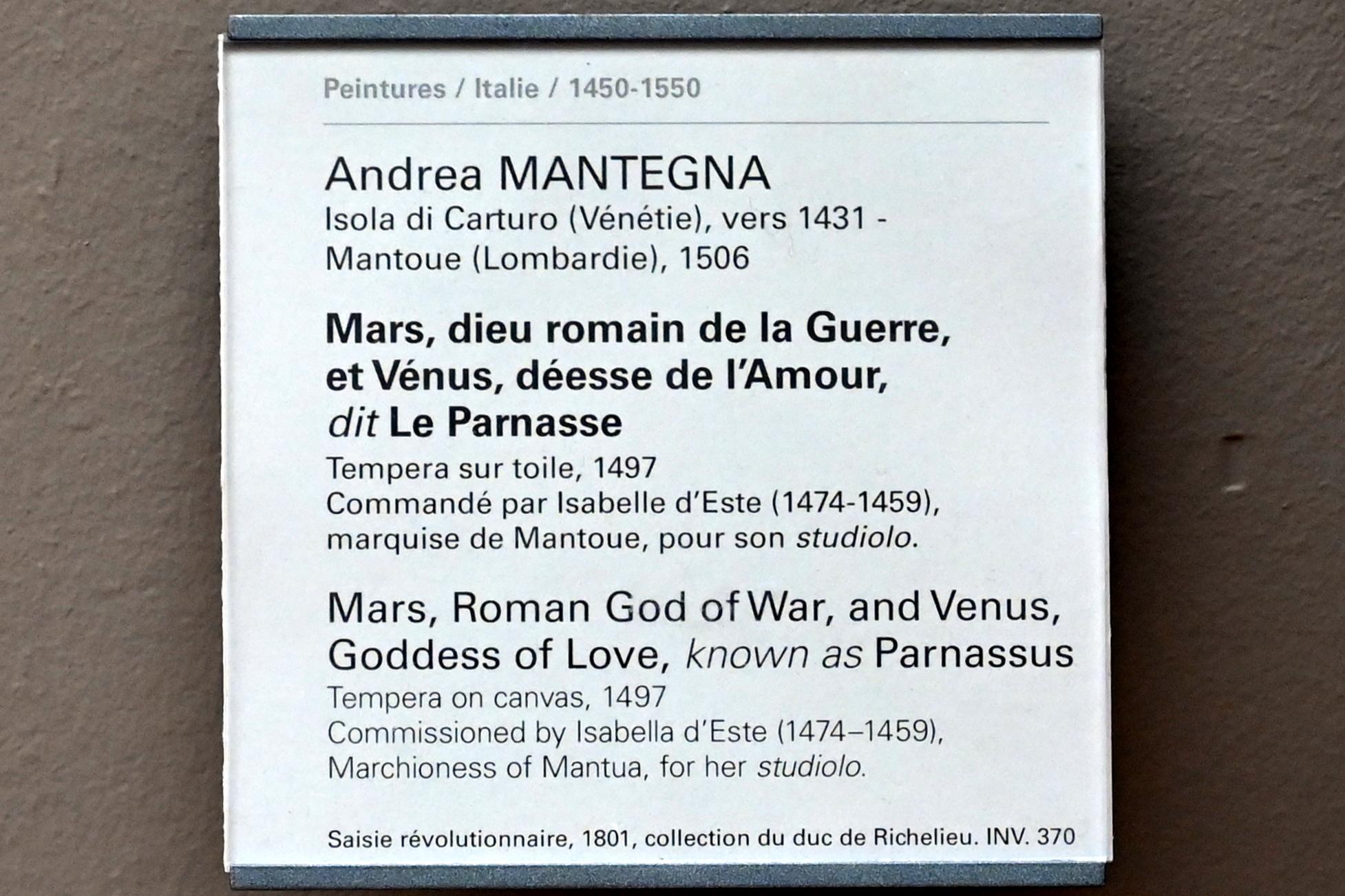 Andrea Mantegna (1451–1505), Mars, römischer Kriegsgott, und Venus, Göttin der Liebe (Parnassus), Mantua, Palazzo Ducale, jetzt Paris, Musée du Louvre, Saal 710g, 1497, Bild 2/2