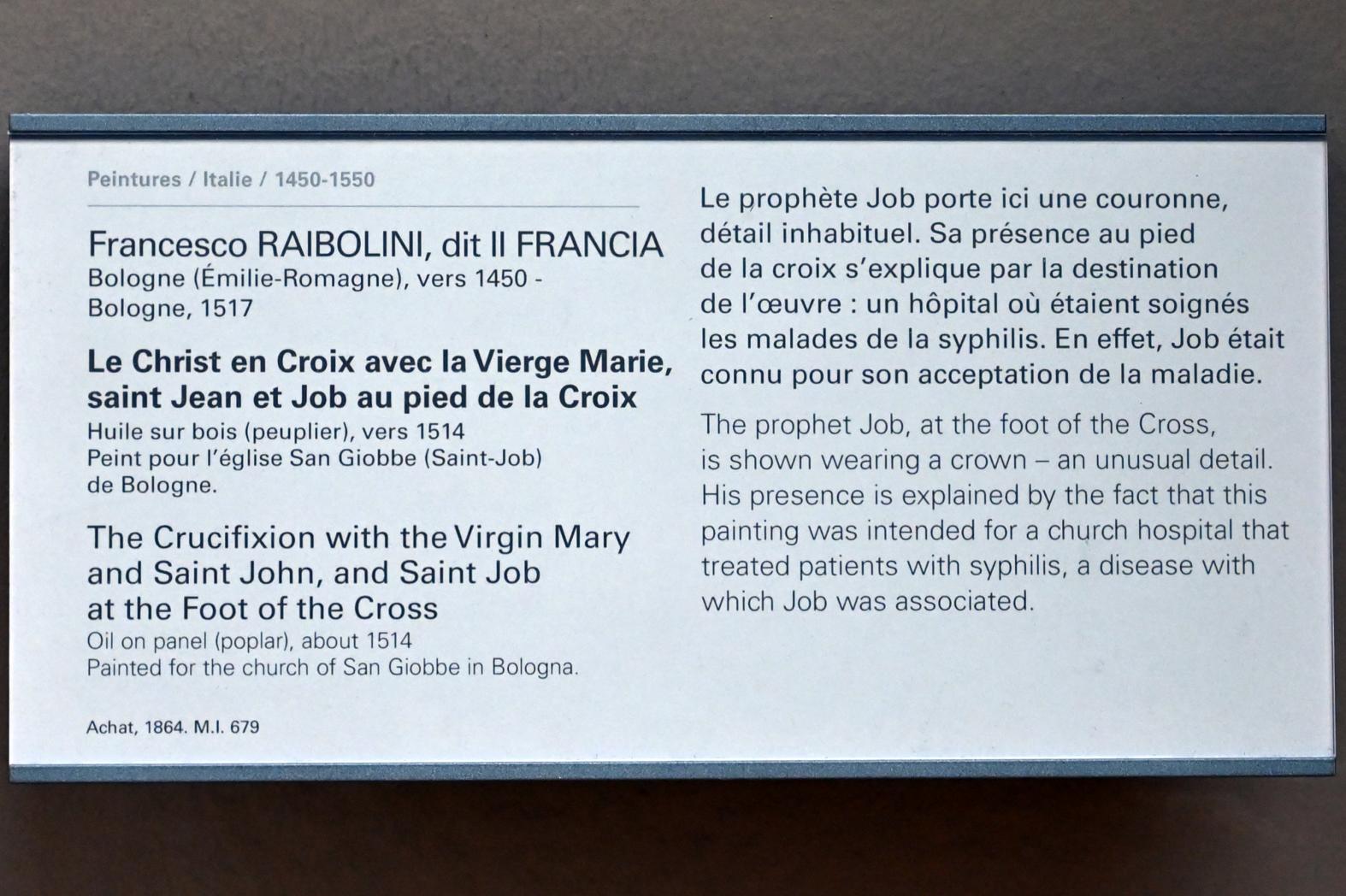Francesco Francia (Raibolini) (1487–1515), Christus am Kreuz mit der Jungfrau Maria, dem Heiligen Johannes und Hiob am Fuße des Kreuzes, Bologna, ehem Kirche San Giobbe, jetzt Paris, Musée du Louvre, Saal 710h, um 1514, Bild 2/2