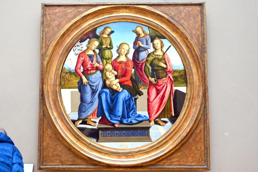 Pietro Perugino (Pietro di Cristoforo Vannucci) (1474–1517), Die Jungfrau Maria und das Jesuskind, umgeben von zwei Engeln, der Heiligen Rosa und der Heiligen Katharina von Alexandria, Paris, Musée du Louvre, Saal 710h, um 1490–1495