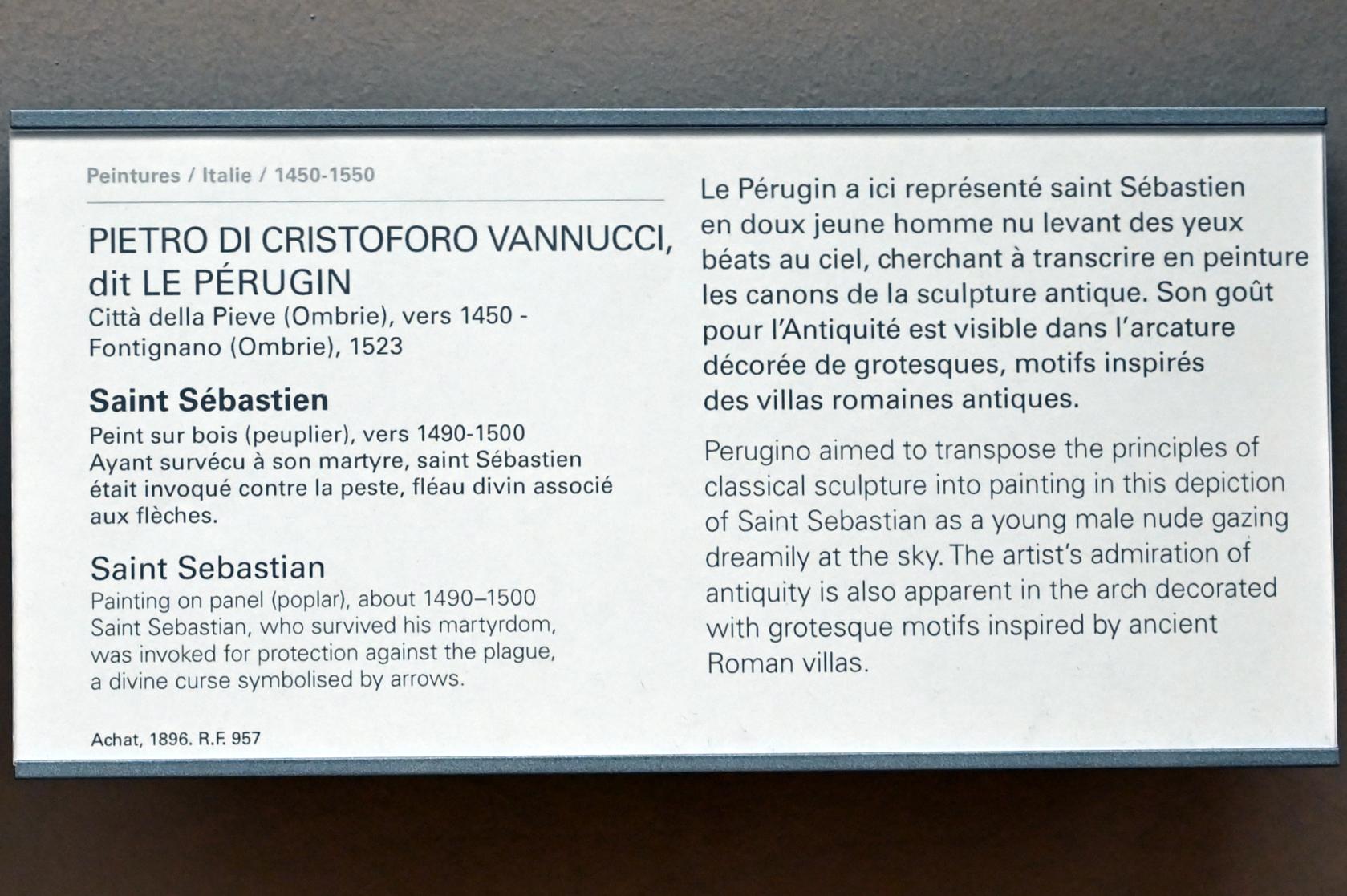 Pietro Perugino (Pietro di Cristoforo Vannucci) (1474–1517), Heiliger Sebastian, Paris, Musée du Louvre, Saal 710h, um 1490–1500, Bild 2/2