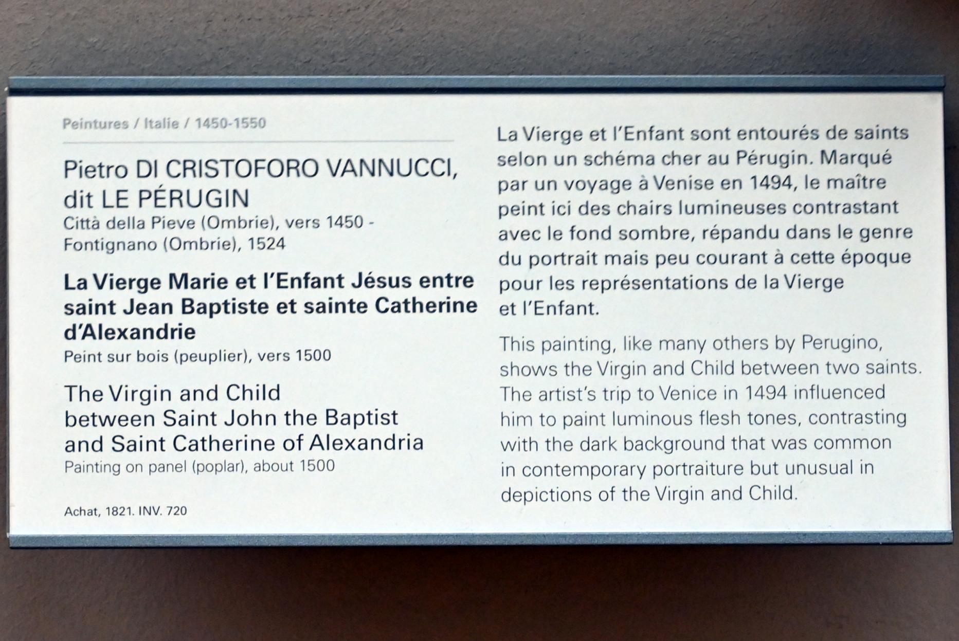 Pietro Perugino (Pietro di Cristoforo Vannucci) (1474–1517), Die Jungfrau Maria und das Jesuskind zwischen dem Heiligen Johannes dem Täufer und der Heiligen Katharina von Alexandria, Paris, Musée du Louvre, Saal 710h, um 1500, Bild 2/2