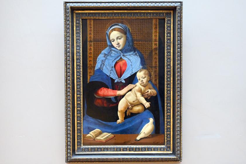 Piero di Cosimo (1481–1512), Die Jungfrau und das Kind mit einer Taube, Paris, Musée du Louvre, Saal 710h, um 1490