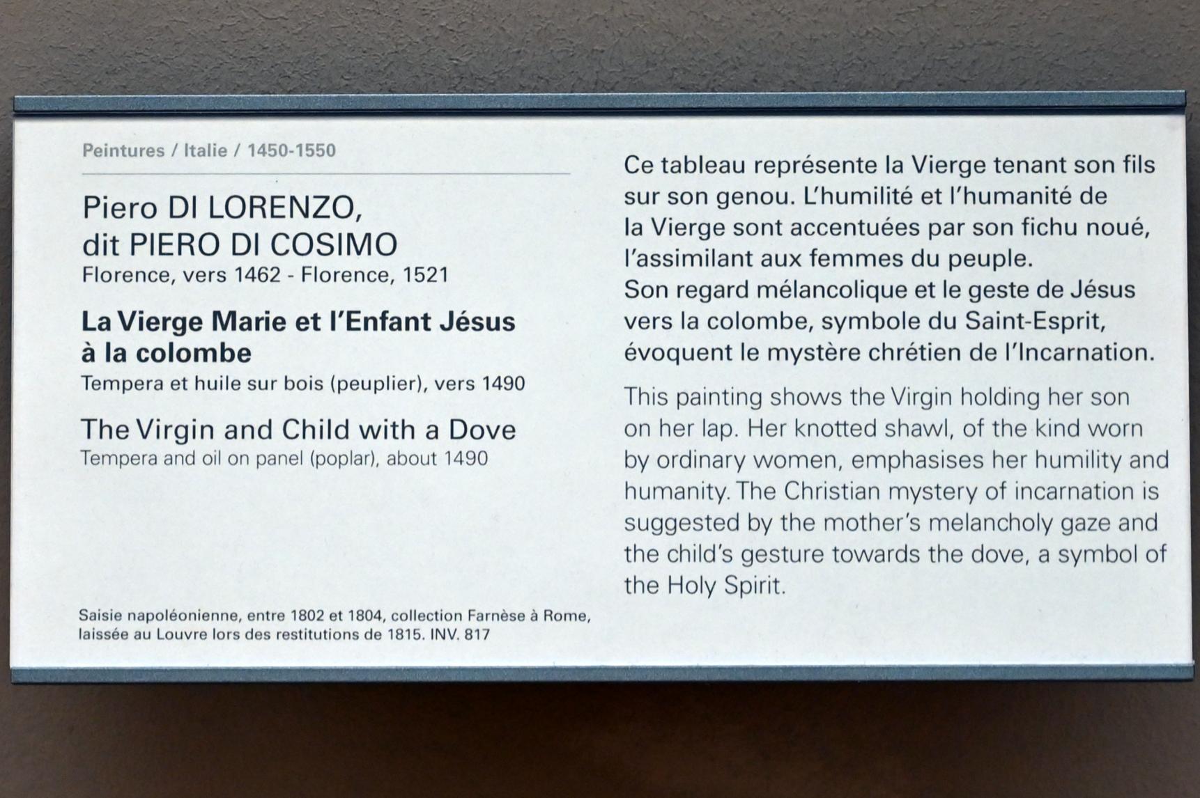Piero di Cosimo (1481–1512), Die Jungfrau und das Kind mit einer Taube, Paris, Musée du Louvre, Saal 710h, um 1490, Bild 2/2