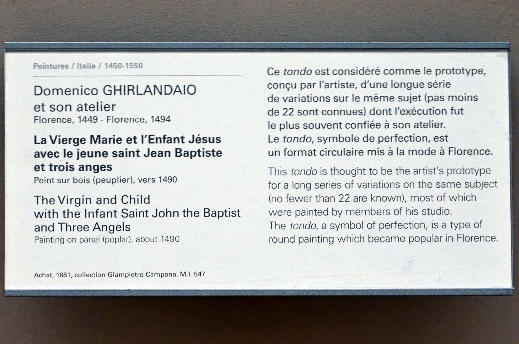 Domenico Ghirlandaio (1473–1494), Die Jungfrau Maria und das Jesuskind mit dem Johannesknaben und drei Engeln, Paris, Musée du Louvre, Saal 710h, um 1490, Bild 2/2