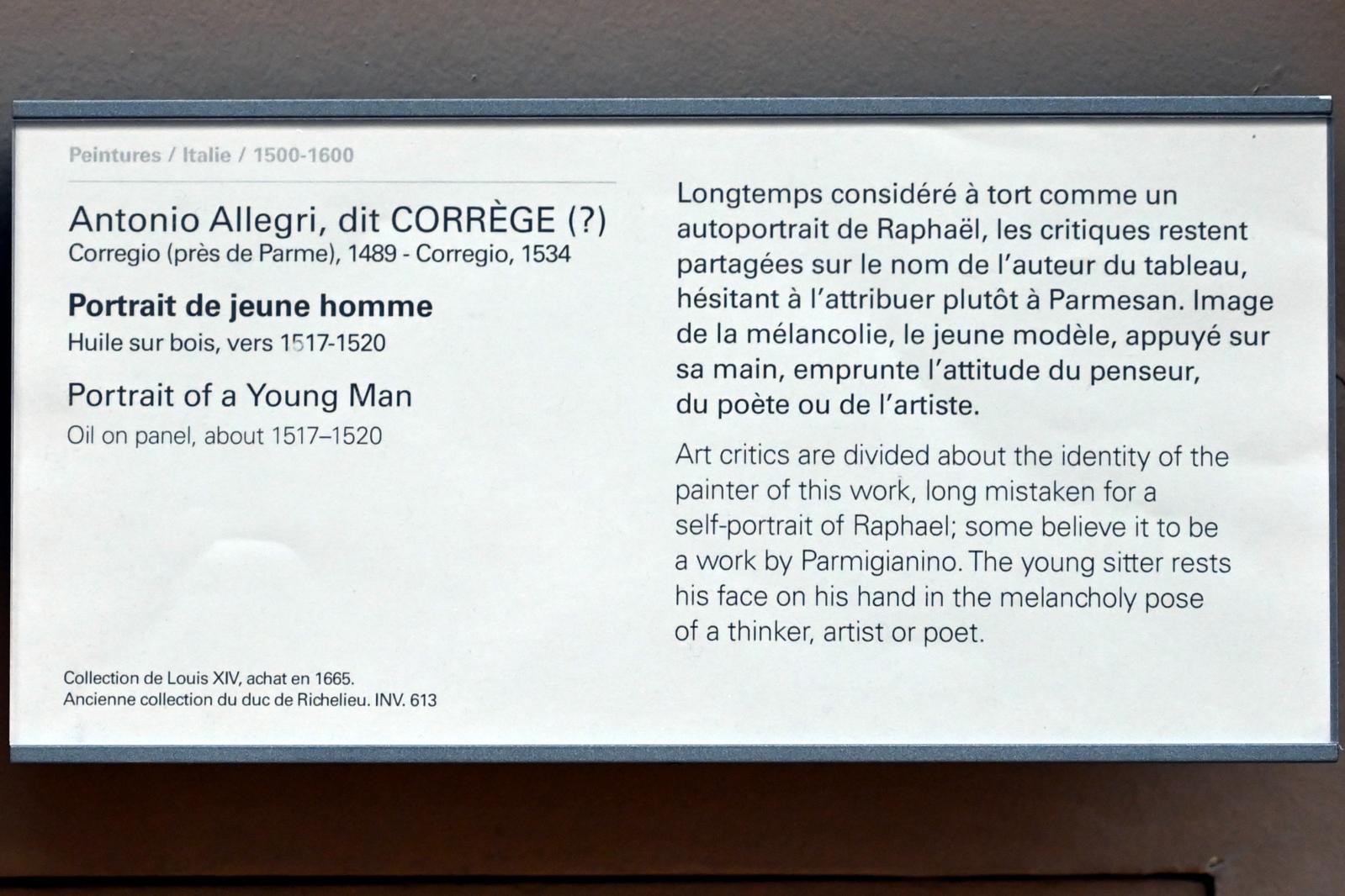 Antonio Allegri (Correggio) (1511–1532), Porträt eines jungen Mannes, Paris, Musée du Louvre, Saal 712e, um 1517–1520, Bild 2/2