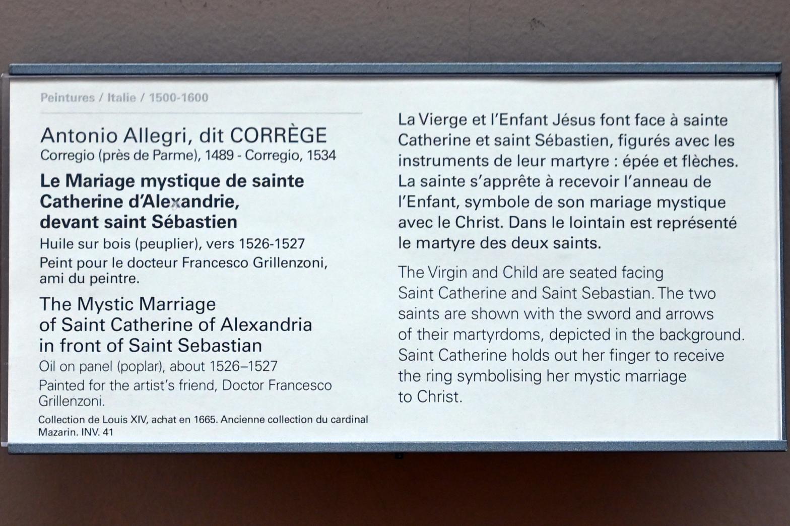 Antonio Allegri (Correggio) (1511–1532), Die mystische Hochzeit der Heiligen Katharina von Alexandria vor dem Heiligen Sebastian, Paris, Musée du Louvre, Saal 712e, um 1526–1527, Bild 2/2