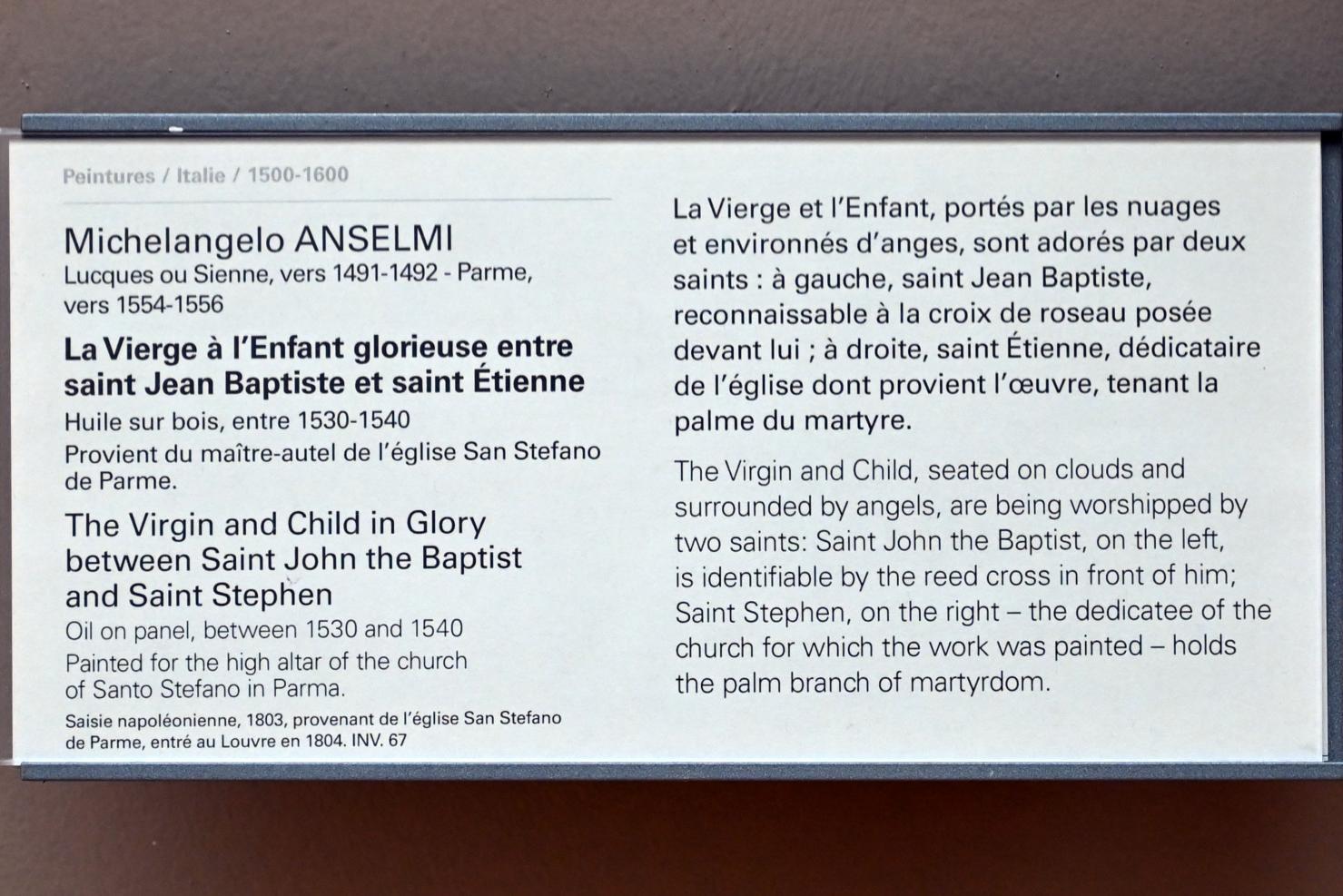Michelangelo Anselmi (1535), Die glorreiche Jungfrau und das Kind zwischen dem Heiligen Johannes dem Täufer und dem Heiligen Stephanus, Paris, Musée du Louvre, Saal 712e, um 1530–1540, Bild 2/2