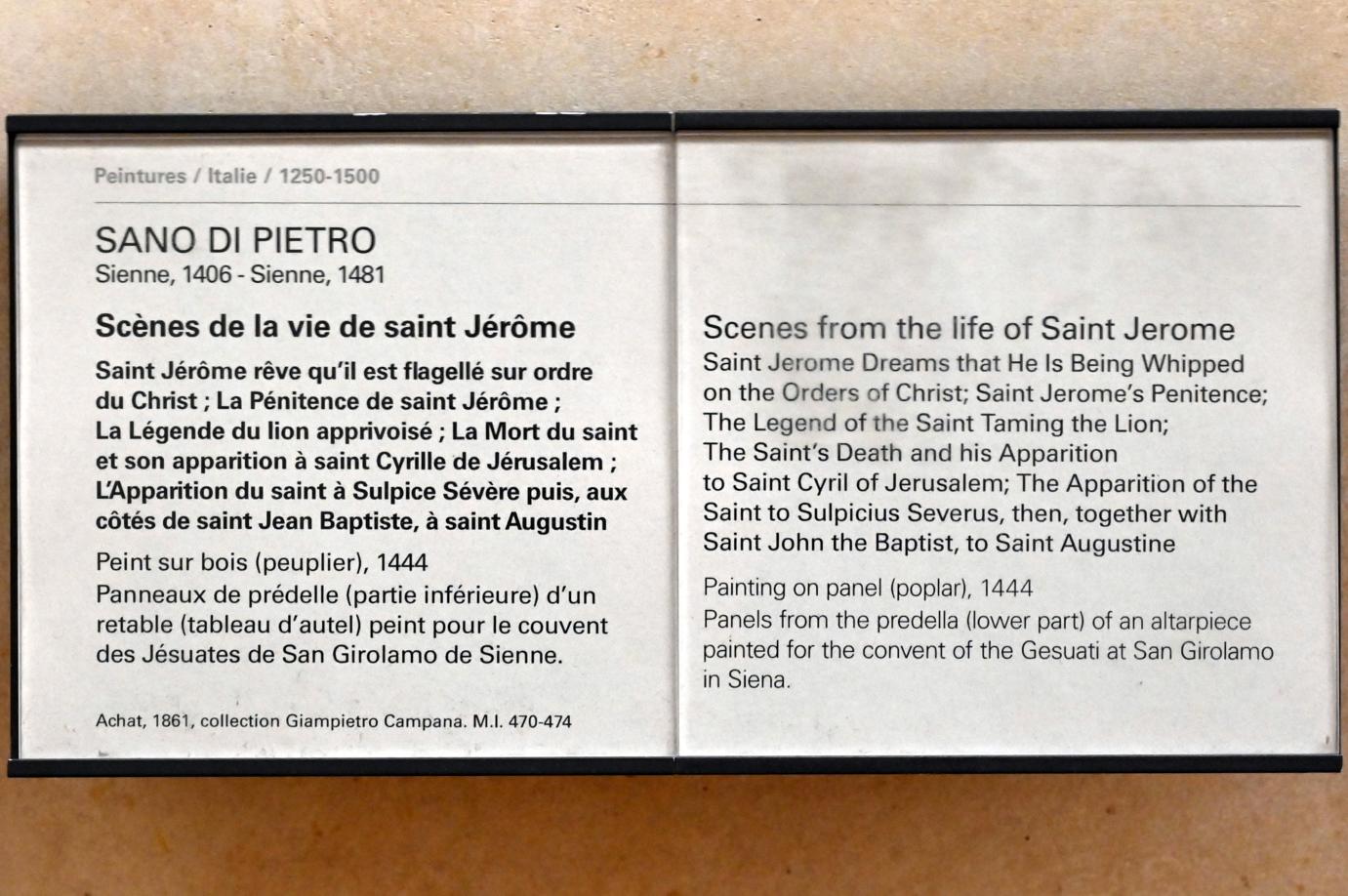 Sano di Pietro (1437–1467), Szenen aus dem Leben des Heiligen Hieronymus, Siena, Convento di San Girolamo, jetzt Paris, Musée du Louvre, Saal 709, 1444, Bild 7/8