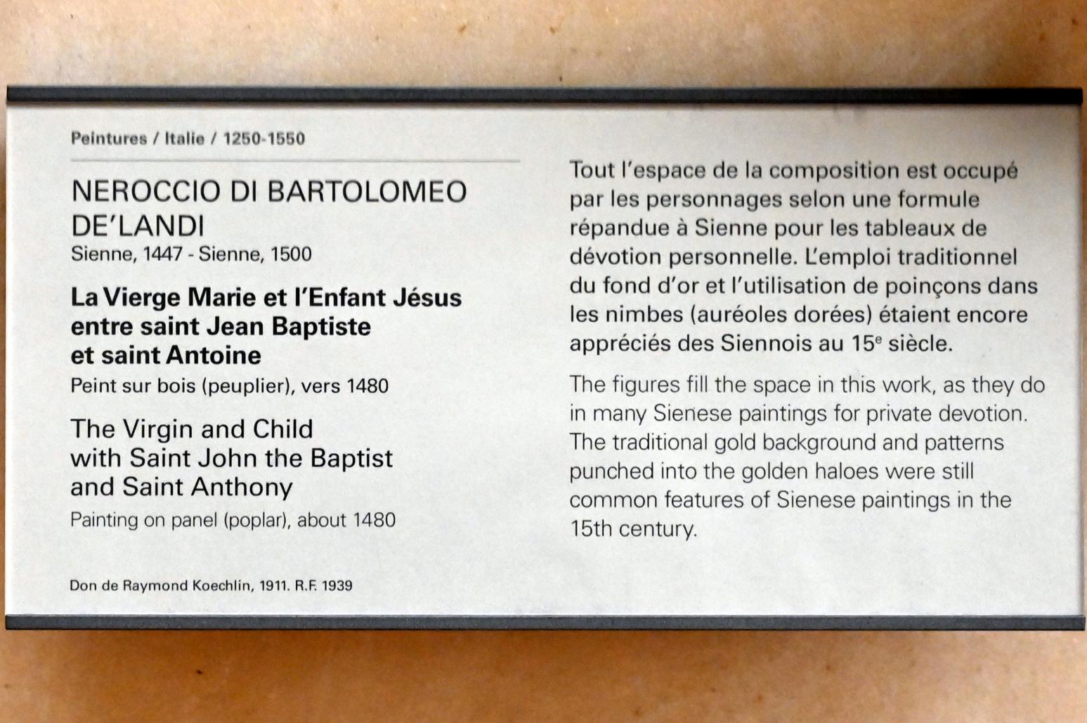 Neroccio di Bartolomeo de' Landi (1480), Die Jungfrau Maria und das Jesuskind zwischen dem Heiligen Johannes dem Täufer und dem Heiligen Antonius, Paris, Musée du Louvre, Saal 709, um 1480, Bild 2/2