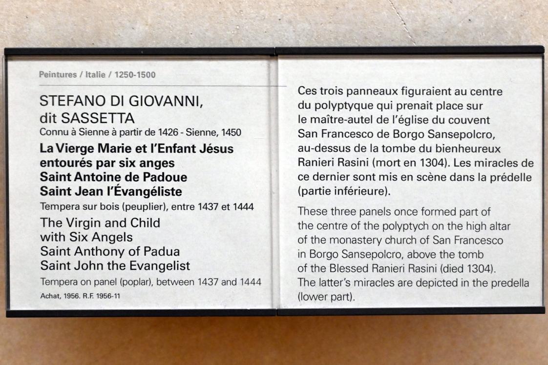 Stefano di Giovanni di Consolo (Sassetta) (1432–1444), Die Jungfrau Maria und das Jesuskind, umgeben von sechs Engeln, dem heilige Antonius von Padua und dem heilige Johannes der Evangelist, Sansepolcro, Chiesa di San Francesco, jetzt Paris, Musée du Louvre, Saal 709, 1437–1444, Bild 2/4