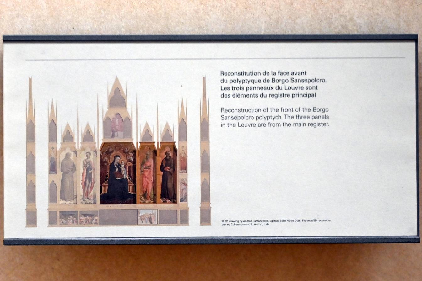 Stefano di Giovanni di Consolo (Sassetta) (1432–1444), Die Jungfrau Maria und das Jesuskind, umgeben von sechs Engeln, dem heilige Antonius von Padua und dem heilige Johannes der Evangelist, Sansepolcro, Chiesa di San Francesco, jetzt Paris, Musée du Louvre, Saal 709, 1437–1444, Bild 3/4