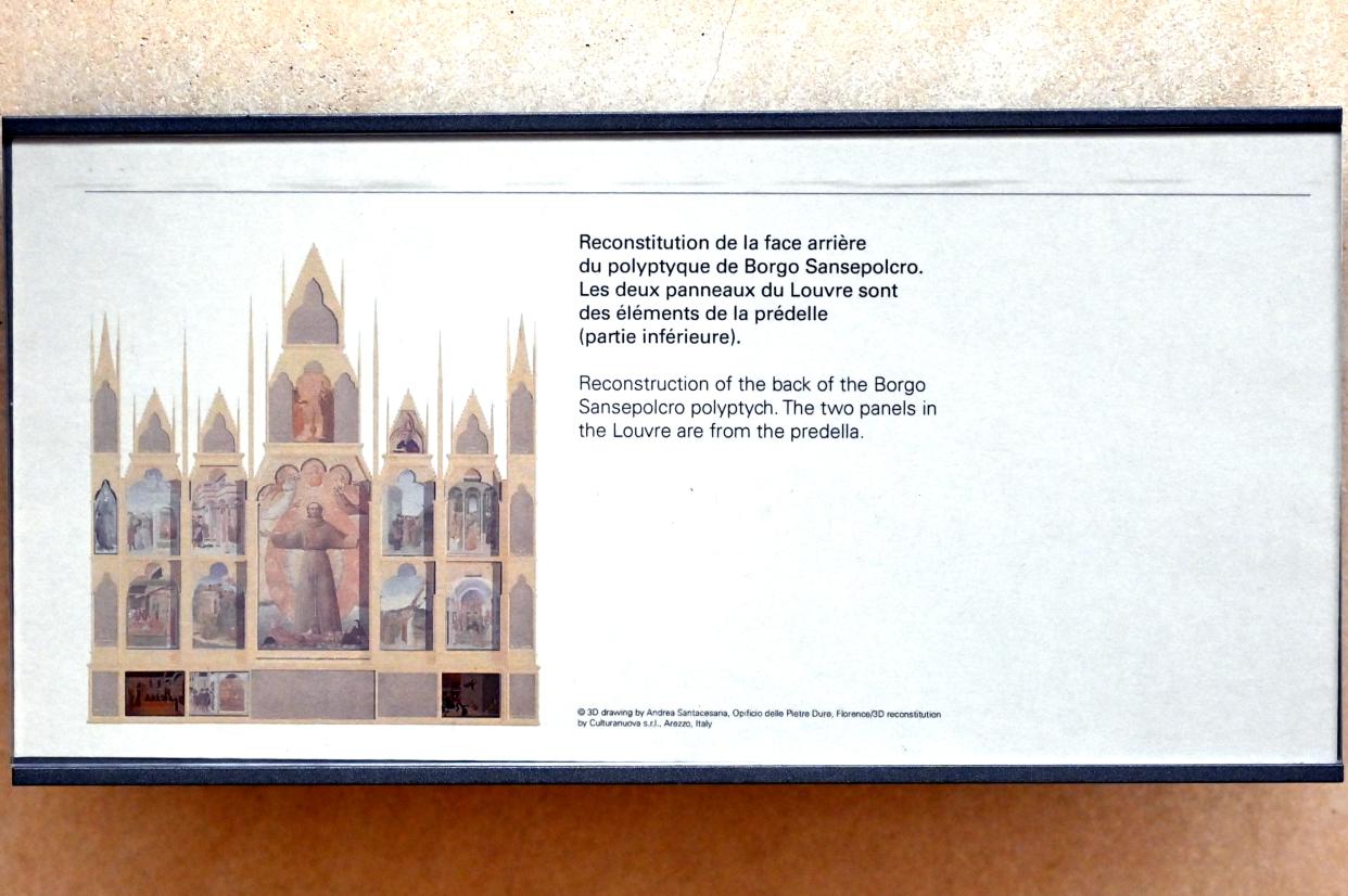 Stefano di Giovanni di Consolo (Sassetta) (1432–1444), Die Jungfrau Maria und das Jesuskind, umgeben von sechs Engeln, dem heilige Antonius von Padua und dem heilige Johannes der Evangelist, Sansepolcro, Chiesa di San Francesco, jetzt Paris, Musée du Louvre, Saal 709, 1437–1444, Bild 4/4